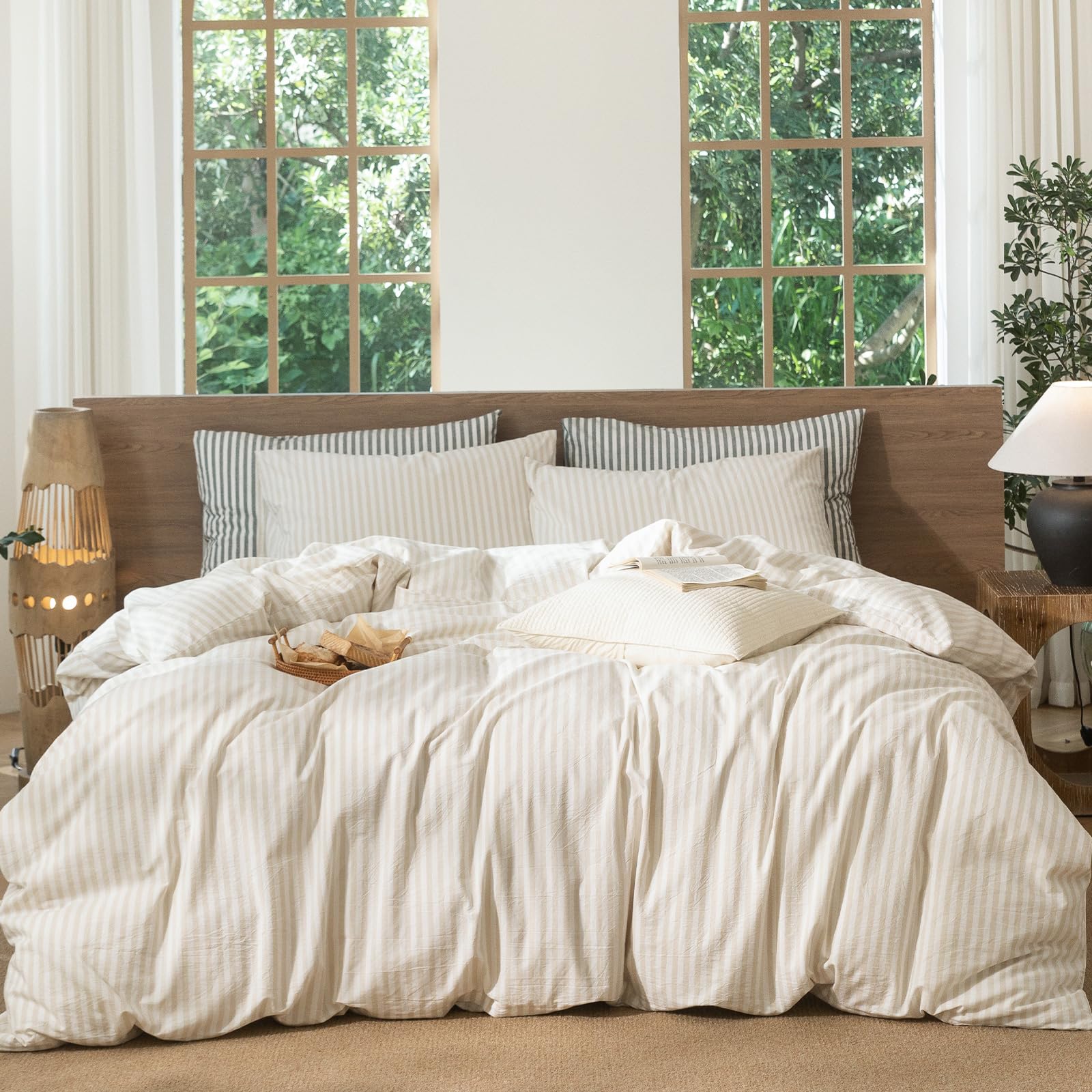 MooMee Striped Duvet Cover Set 100% Washed Cotton Linen Like Super King