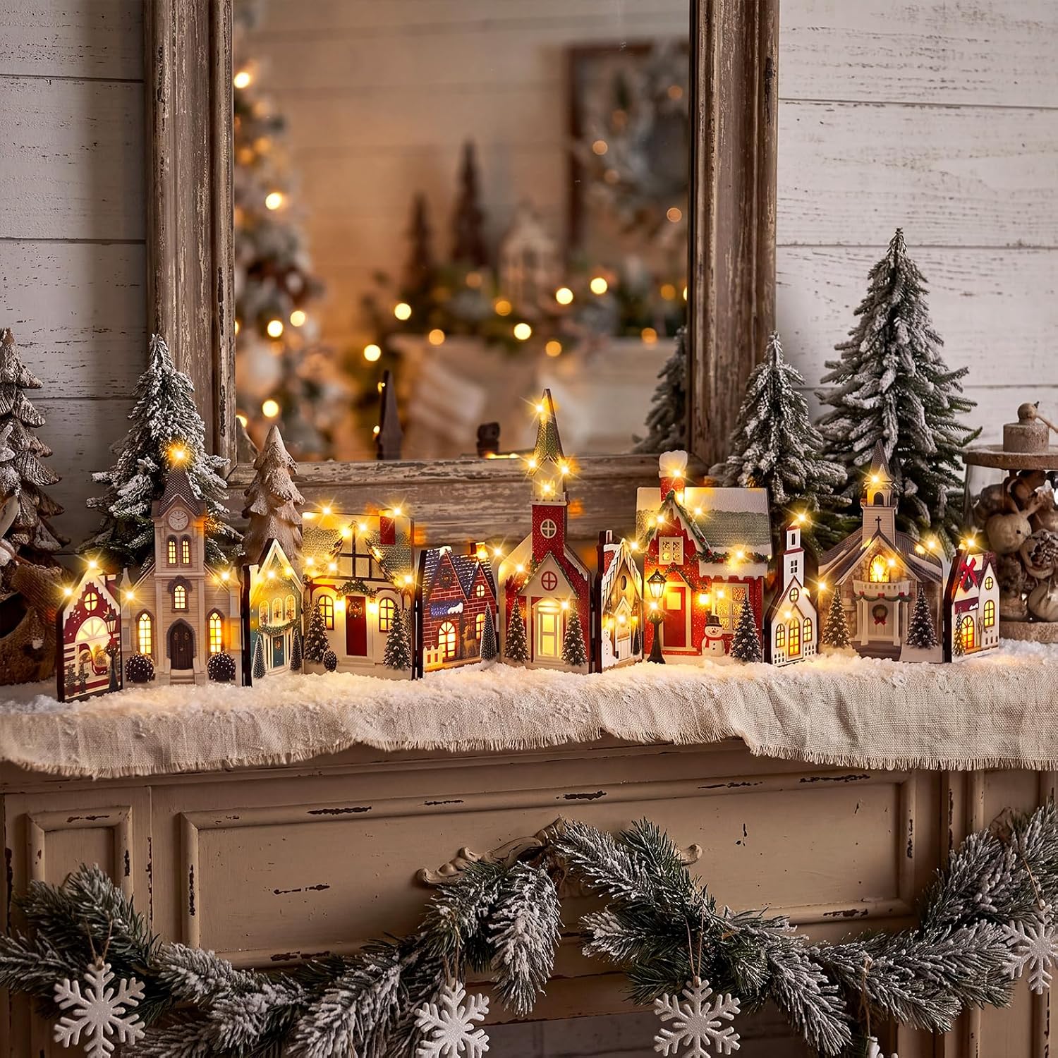 GlikCeil Christmas Village Decoration Set Lighted LED Christmas Village Houses Table Centerpiece Foldable Wooden House Xmas Miniature Town Home Table Top Decoration for Home Mantel Shelf Indoor Gift