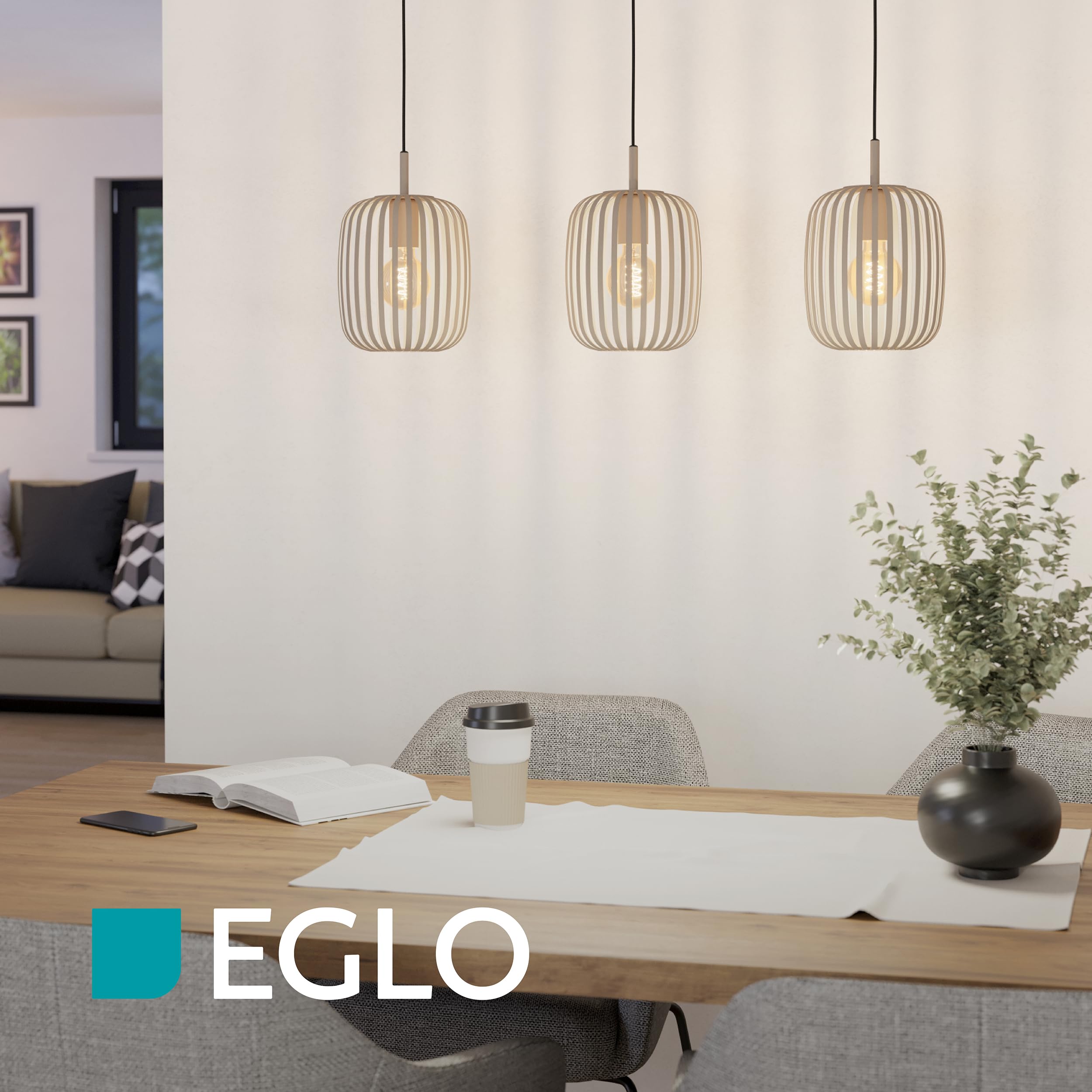 Eglo Suspension luminaire Romazzina, lustre à 3 lampes pour salon et salle | à manger, plafonnier à suspendre en métal couleur sable, lampe de plafond avec douille E27