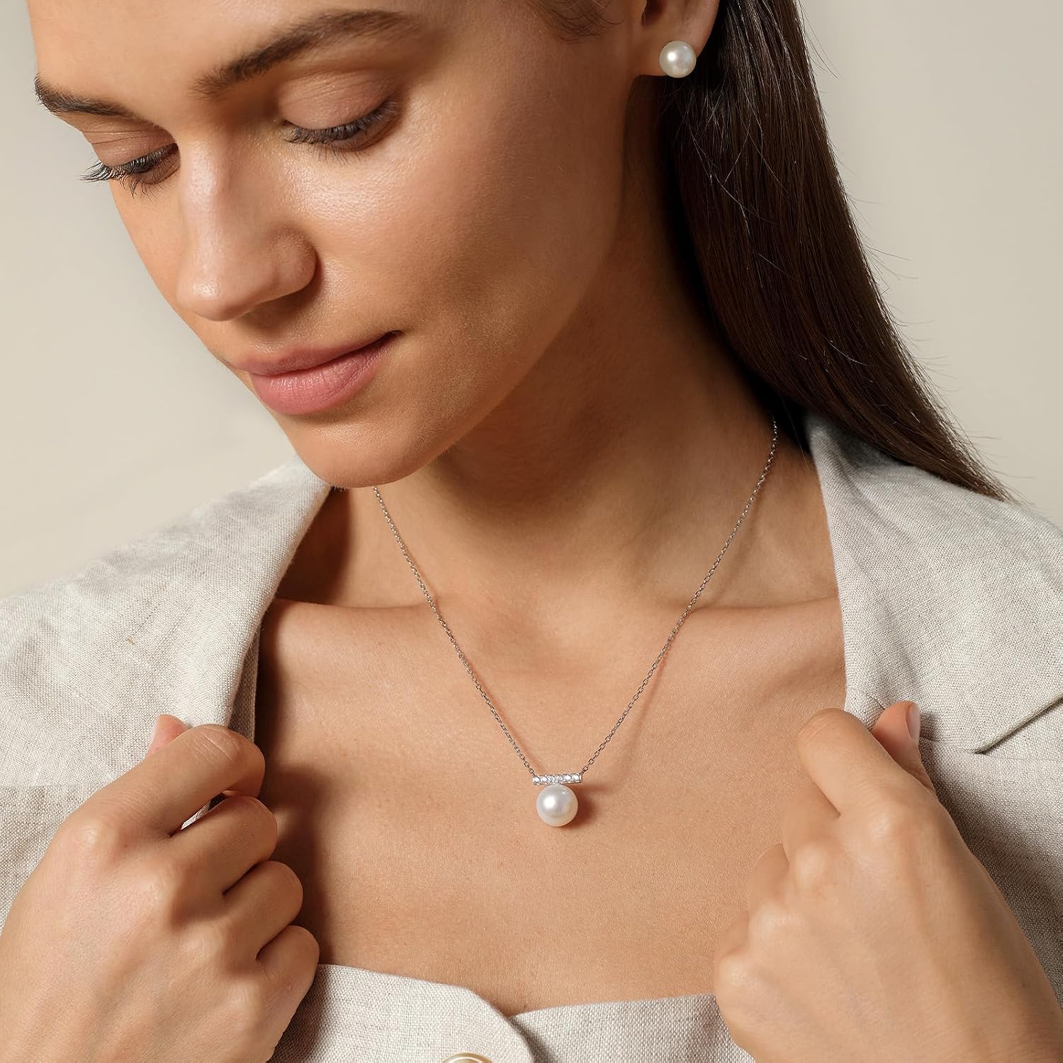 Pearl Necklaces for Women Dainty Freshwater Pearl Necklace Drop 925 Sterling Silver with Cubic Zirconia Christmas Mothers Day Valentine's Day Gifts For Women