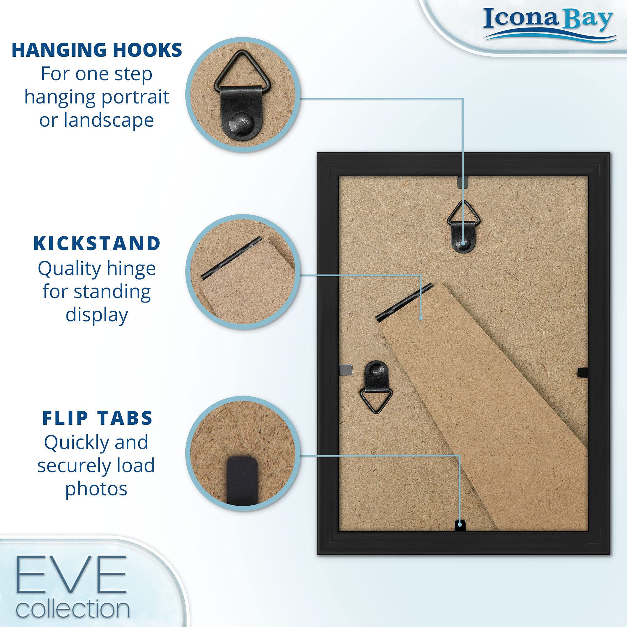 Icona Bay Eve Collection Lot de 10 cadres photo 10 x 15 cm Noir Cadre moderne à double biseau Montage mural ou de table