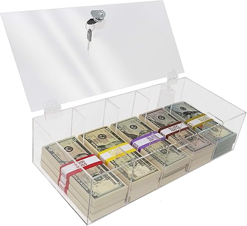Vista 10 de Bandeja de moneda con bloqueo transparente, organizador de efectivo de 5 compartimentos, caja de almacenamiento de dinero con cubierta bloqueable e