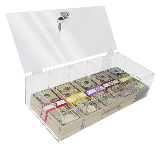 Acrylic Locking Currency Tray, 5 Compartment Cash Organizer Money Storage Box with Lockable Cover, 300 Currency Wrappers Included
