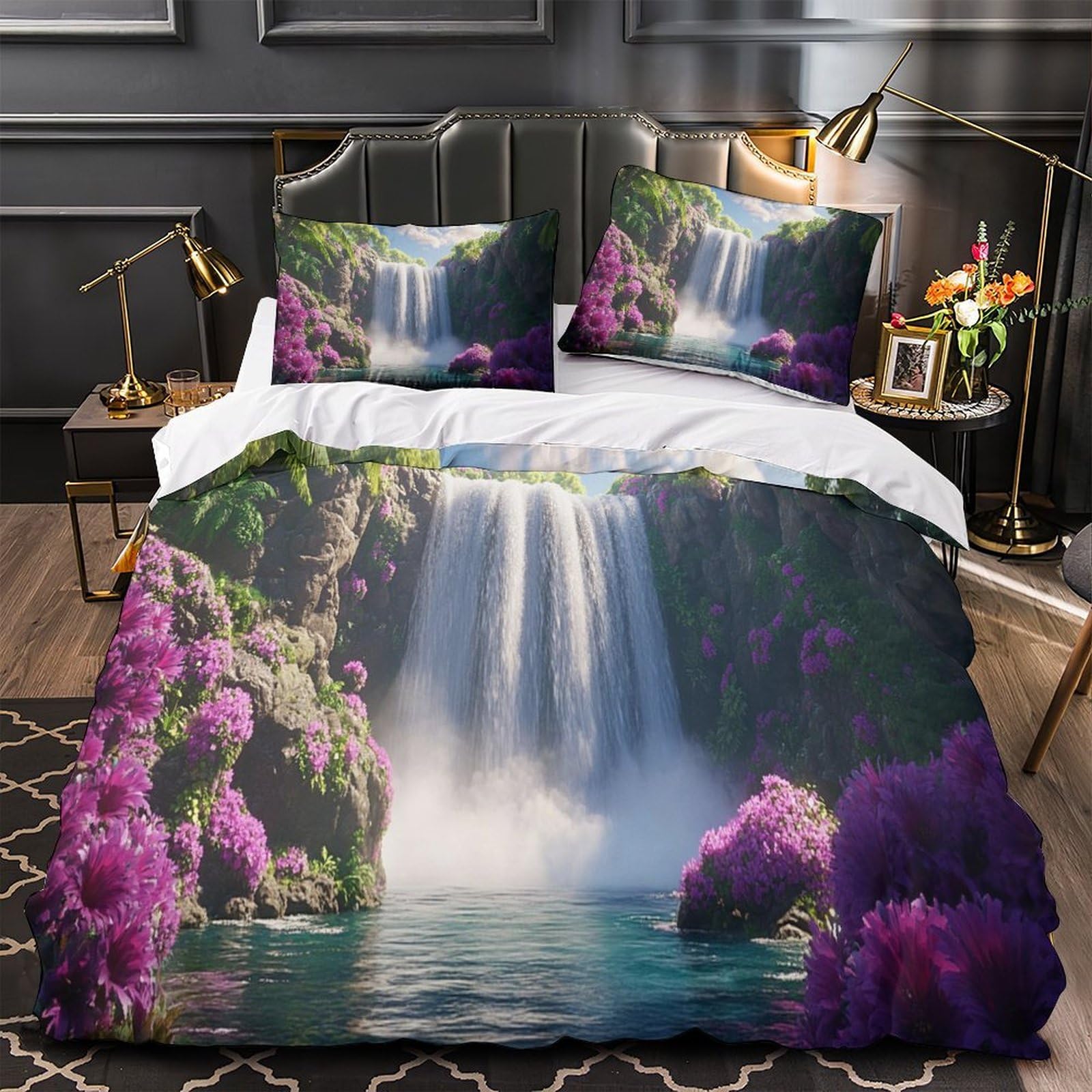 Housse de couette 140x200 cascade 3D et parure de lit microfibre motif jardin tropical enfant