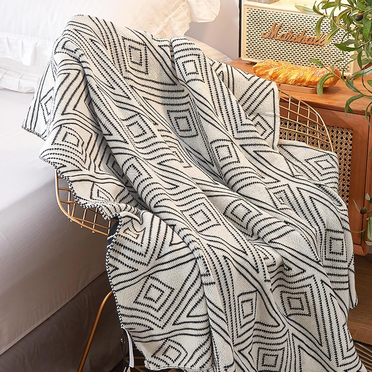 Black and White Throw Blankets, Knitted Modern Patterned Throw Blanket, Soft Lightweight Woven Throw Blanket for Sofa Couch Bed and Living Room, Black&White (50x60 Inch) - Image 5