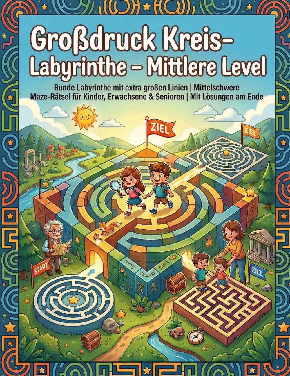 Großdruck Kreis-Labyrinthe – Mittlere Level: Runde Labyrinthe mit extra großen Linien | Mittelschwere Maze-Rätsel für Kinder, Erwachsene & Senioren | Mit Lösungen am Ende