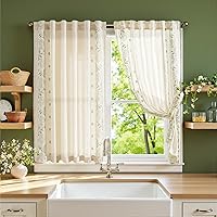JINCHAN Winslow Linen Curtains 45 Inch Embroidered Floral Sage on Beige - Light Filtering Small Window Drapes for Kitchen Bathroom Farmhouse 2 Panels