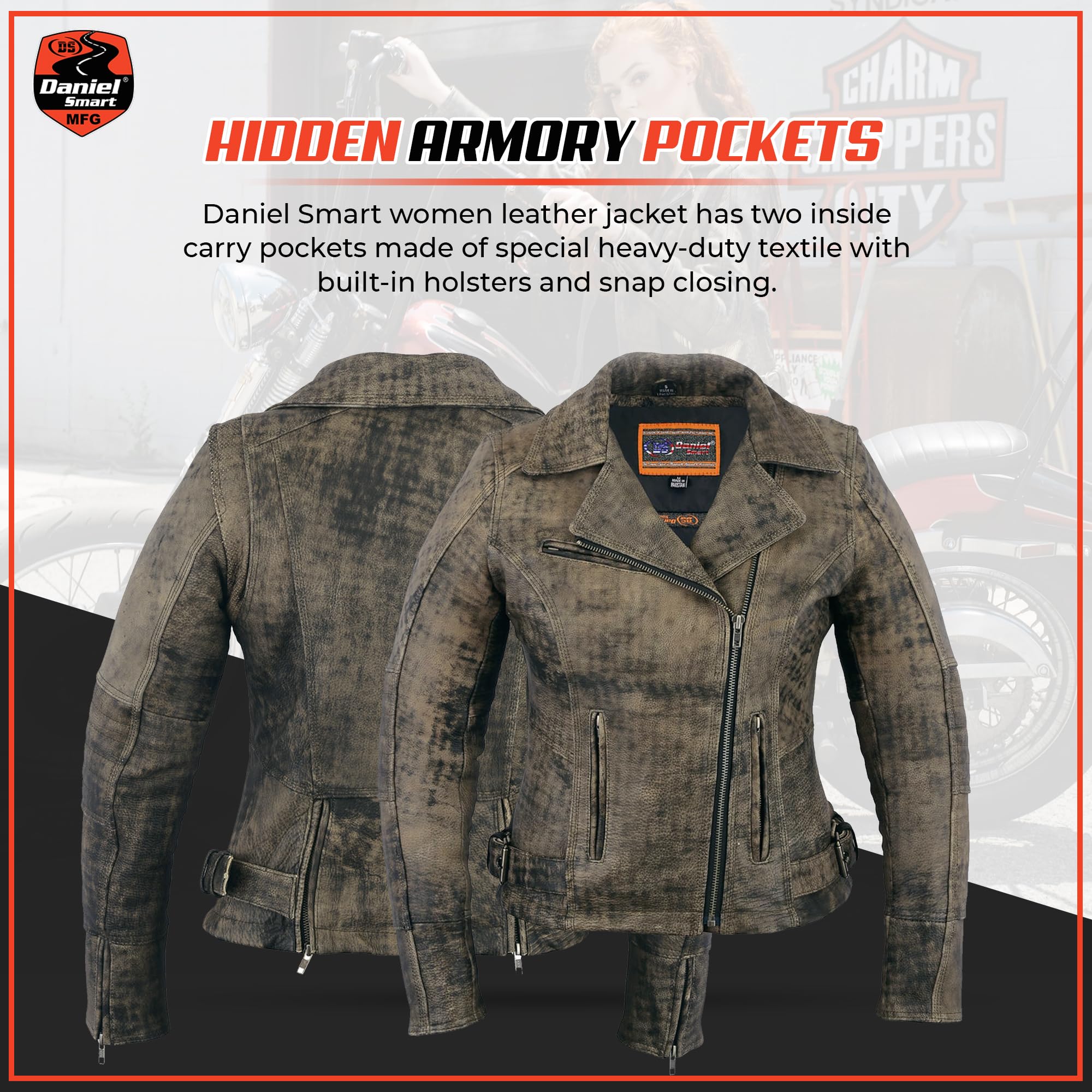 Daniel Smart Women Motorcycle Jacket Cowhide Motorcycle Jacket with Lightweight Design Inside Carry Pocket — view 5