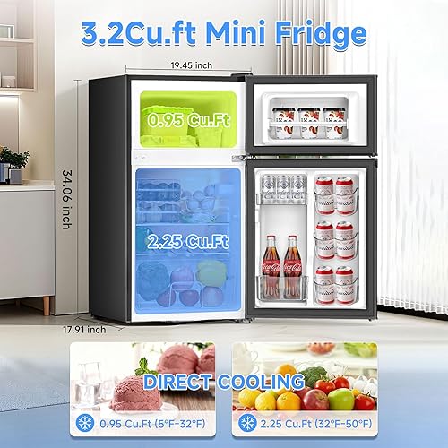 Miniatura 2 de Mini refrigerador de 3.2 pies cúbicos con congelador, ahorro energético, congelador vertical de doble puerta para dormitorio, oficina y dormitorio