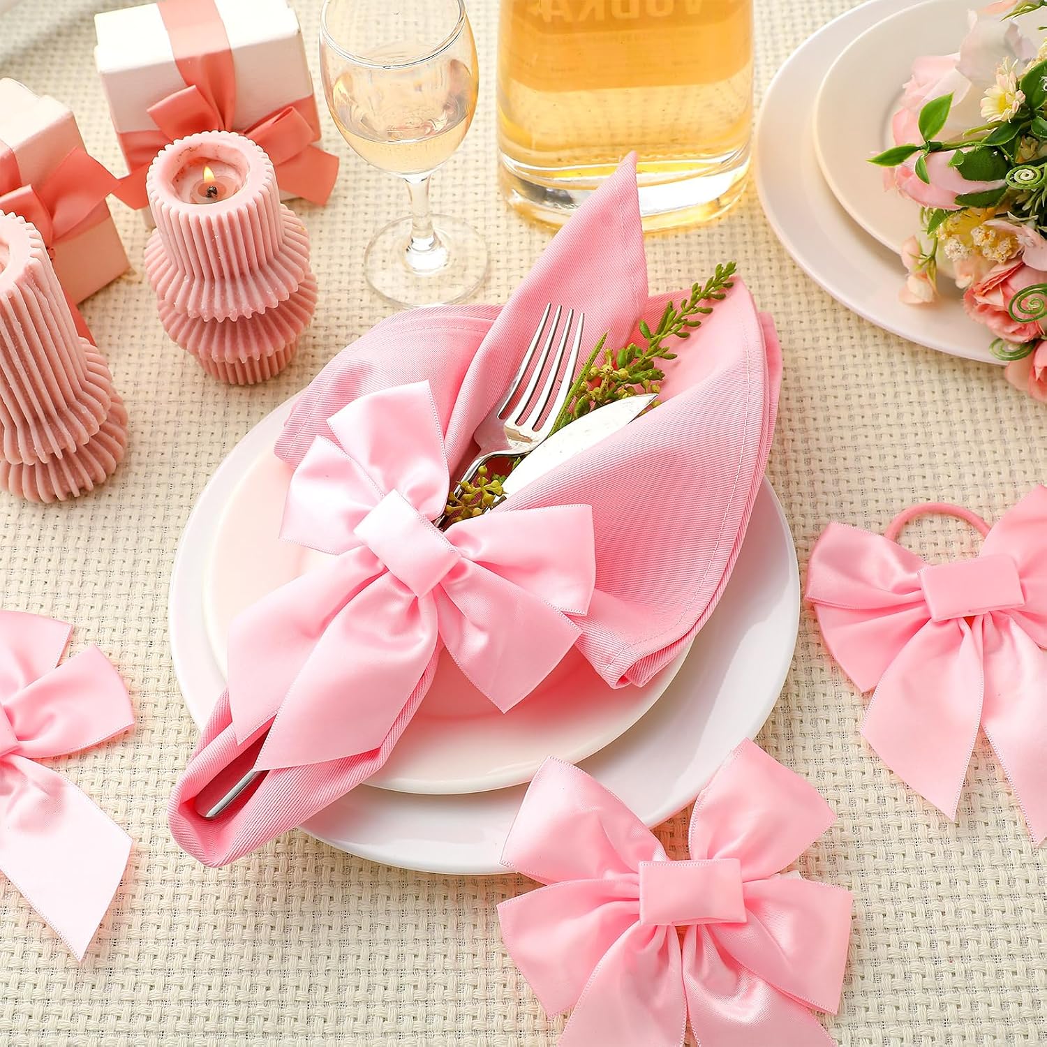 Hahafelt 25 Pcs Pink Bow Napkin Rings Velvet Holders for Wedding Dinner