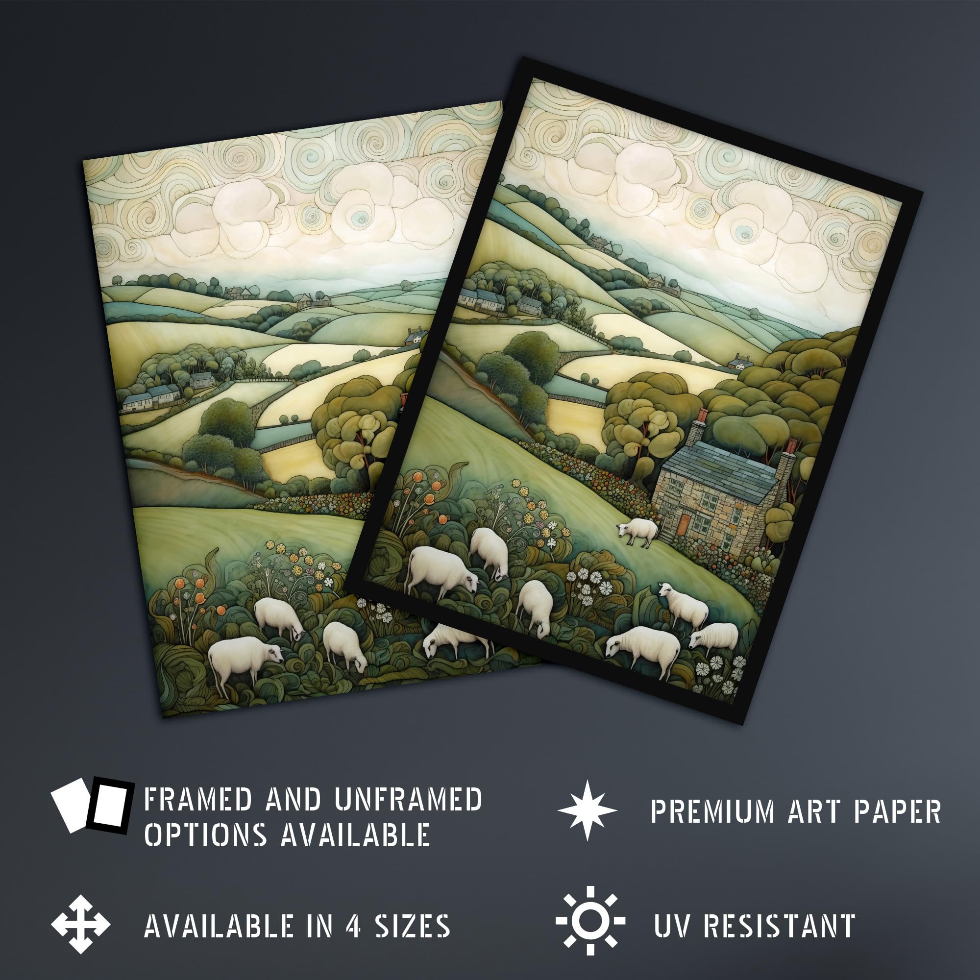 Artery8 Sleepy England By Celia Hapton Quirky Lake District Scene Rolling Hills Grazing Sheep Extra Large XL Wall Art Poster Print - Image 2