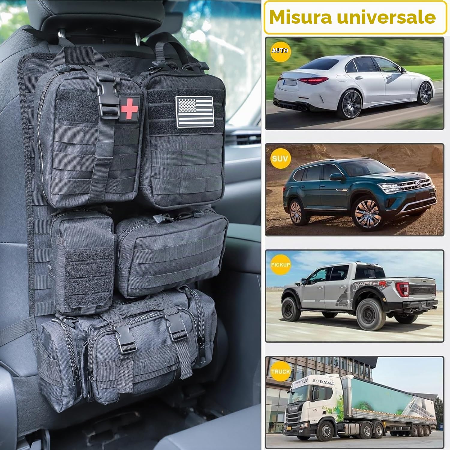 Organizer tattico per sedile posteriore, borsa portaoggetti tattica con pannello Molle per veicoli con 5 tasche staccabili, organizer per pannelli tattici per veicoli adatti a tutti i veicoli