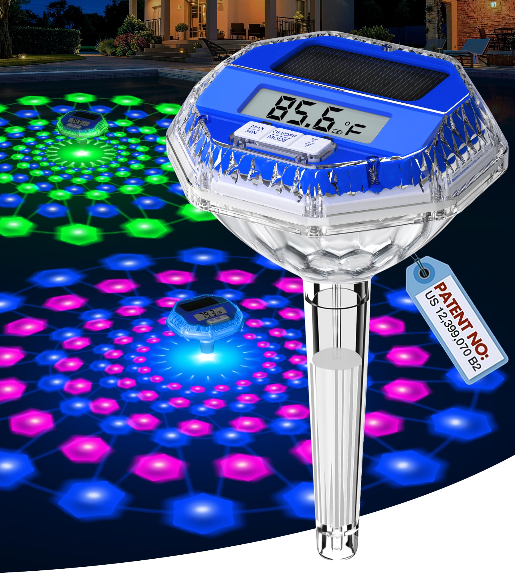 Sinbyuer Thermomètre de piscine solaire numérique facile à lire | Thermomètre flottant avec lumière dynamique | Grand écran LCD et jauge de température de piscine à grands chiffres pour jacuzzi et spa