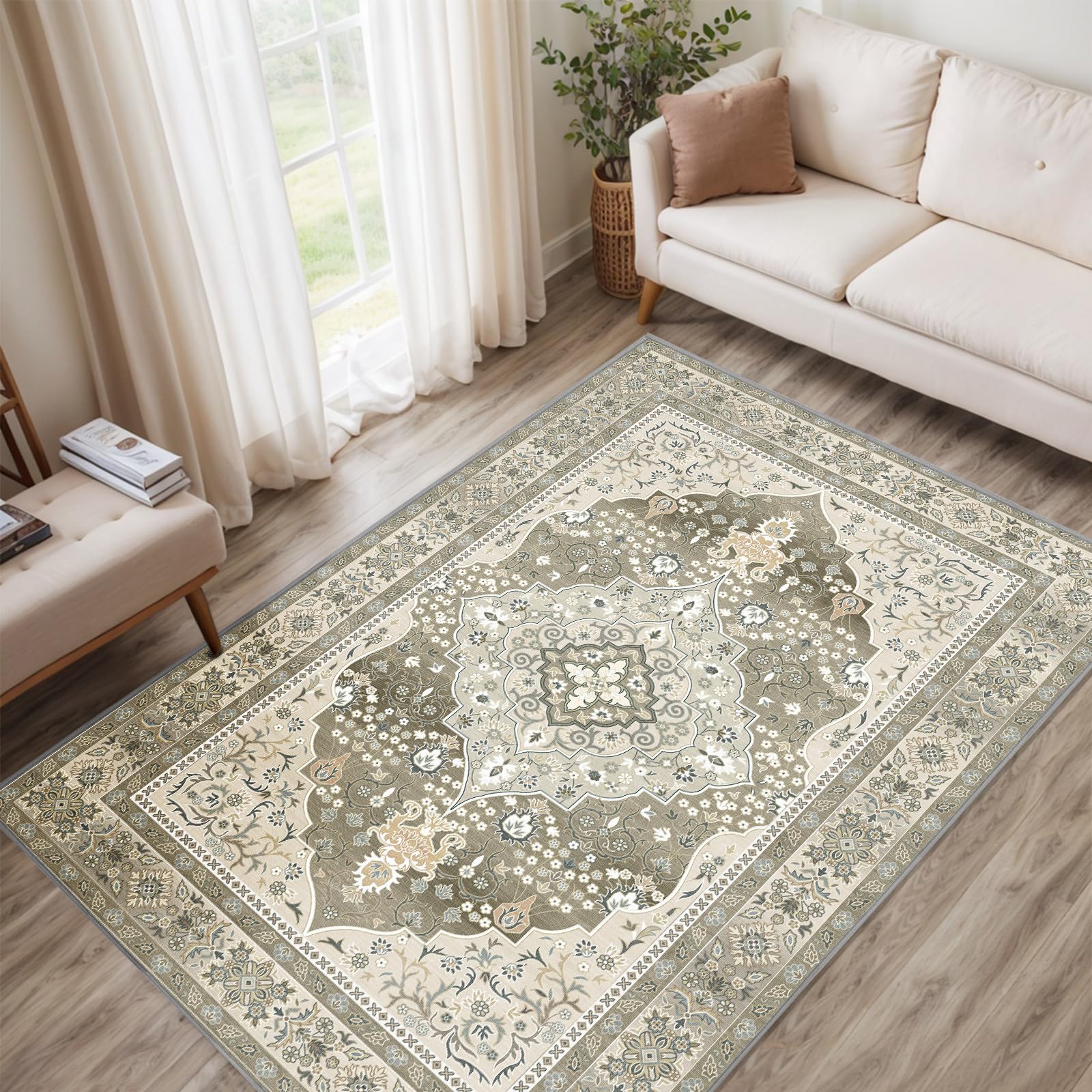 Oriental 4x6 Area Rugs, Traditional Washable Rug, Non-Skid Low Pile Rubber Backing Indoor Rugs for Bedroom, Entryway, Kitchen, Classroom, Distressed