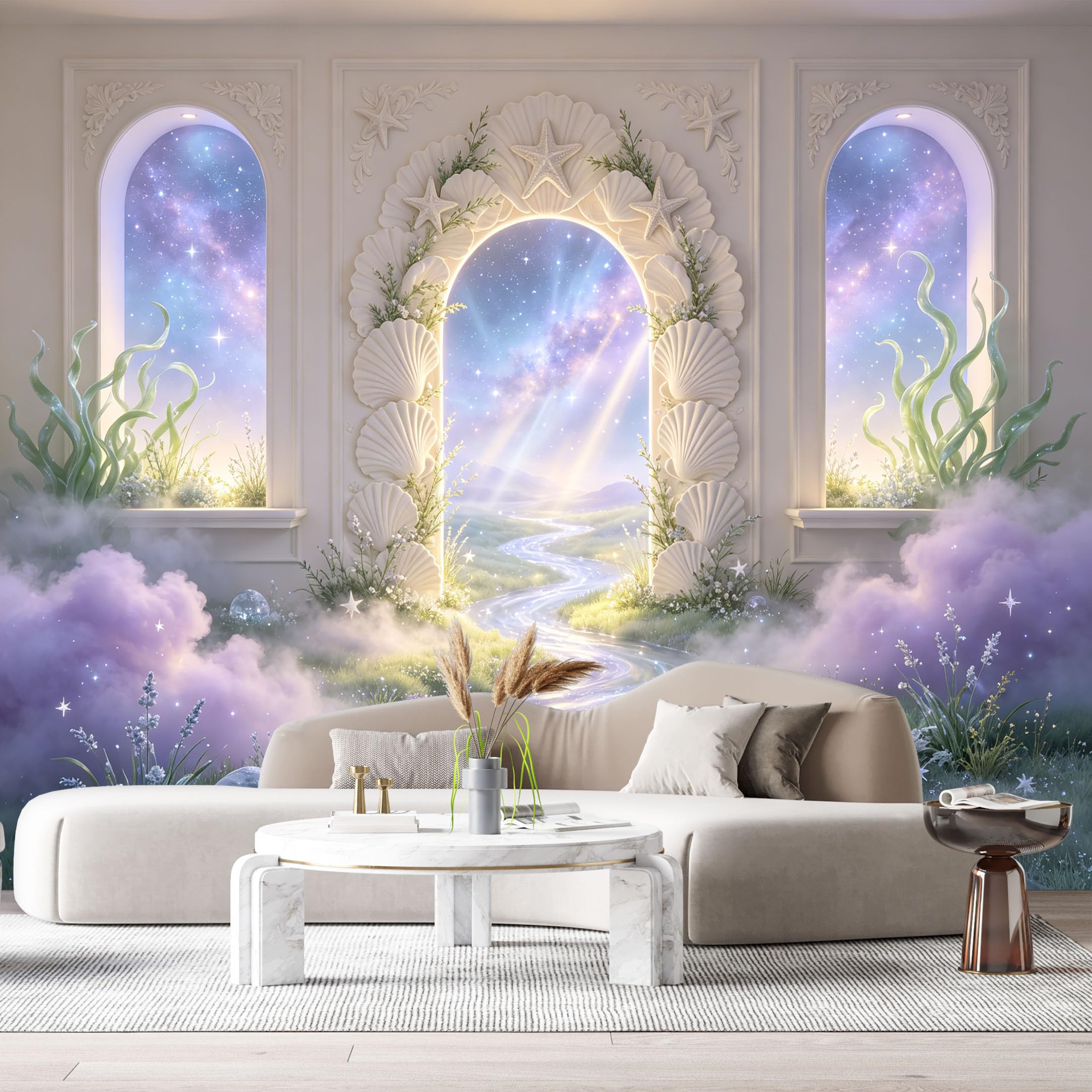 Custom Size Wall Murals Fantasy Cosmic Ocean Seashells Starfish 3D Trompe L'Oeil SelfAdhesiveWall Fabric Removable Wallpaper Wall Decor for Living Room Bedroom Bathroom