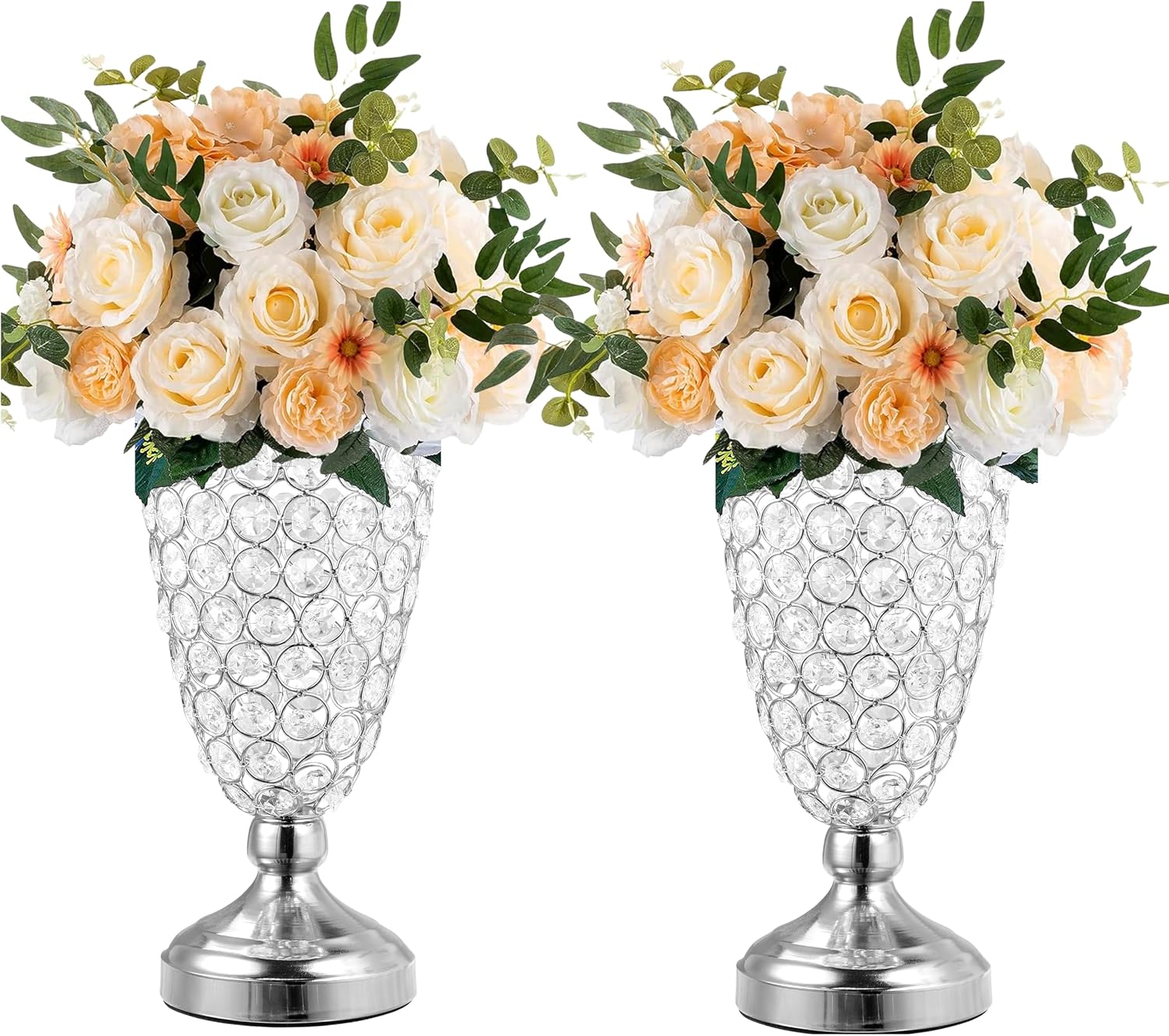 Crystal Trumpet Floral Vase -2 Pcs Centerpieces for Wedding Table, 10.6 Inch Wrought Iron Crystal Vase, Flower Vases for Party Dinner Centerpiece Event, Anniversary Ceremony Birthday Home Decoration