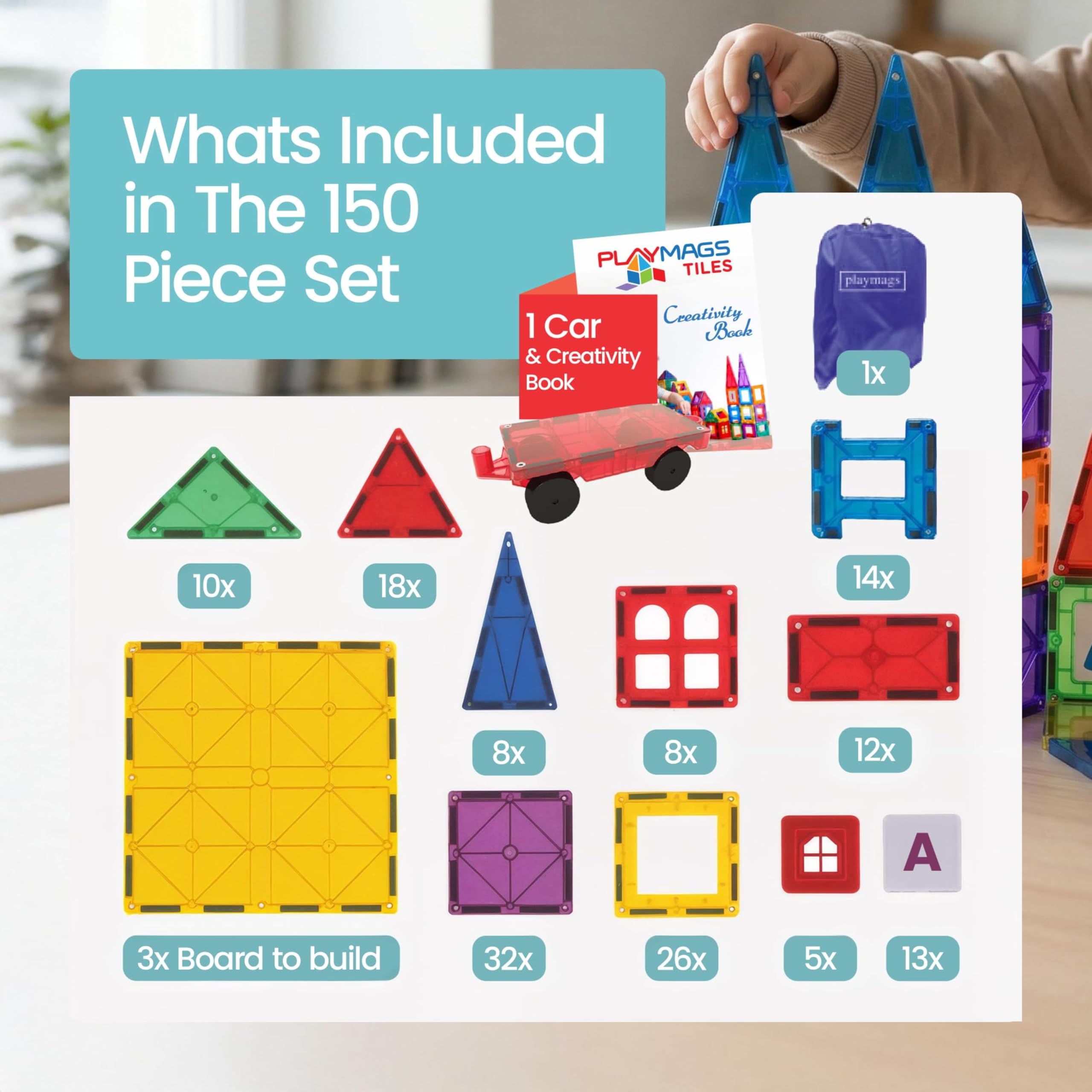 Playmags Set da 150 Pezzi di Tessere magnetiche per Costruzioni - mattoncini magnetici 3D, creativi, Giochi di Imitazione, 36 mesi -12 anni