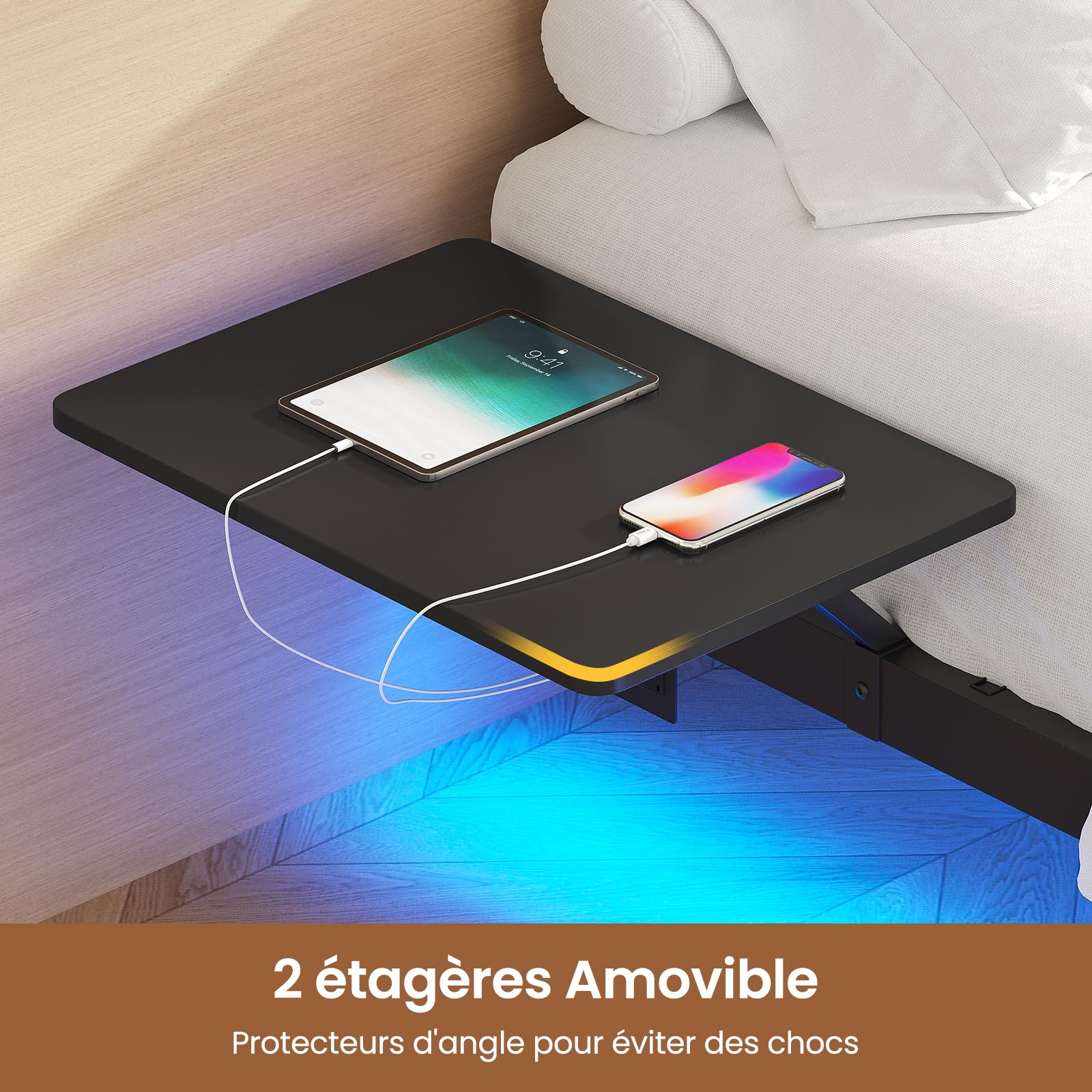 AOGLLATI Lit 2 Personnes avec 2 Étagères de Chevet,Cadre de Lit avec 140 x 190 avec Sommier Métal,Multiprise et Éclairage LED, 24 CM de Rangement pour Chambre, Noir