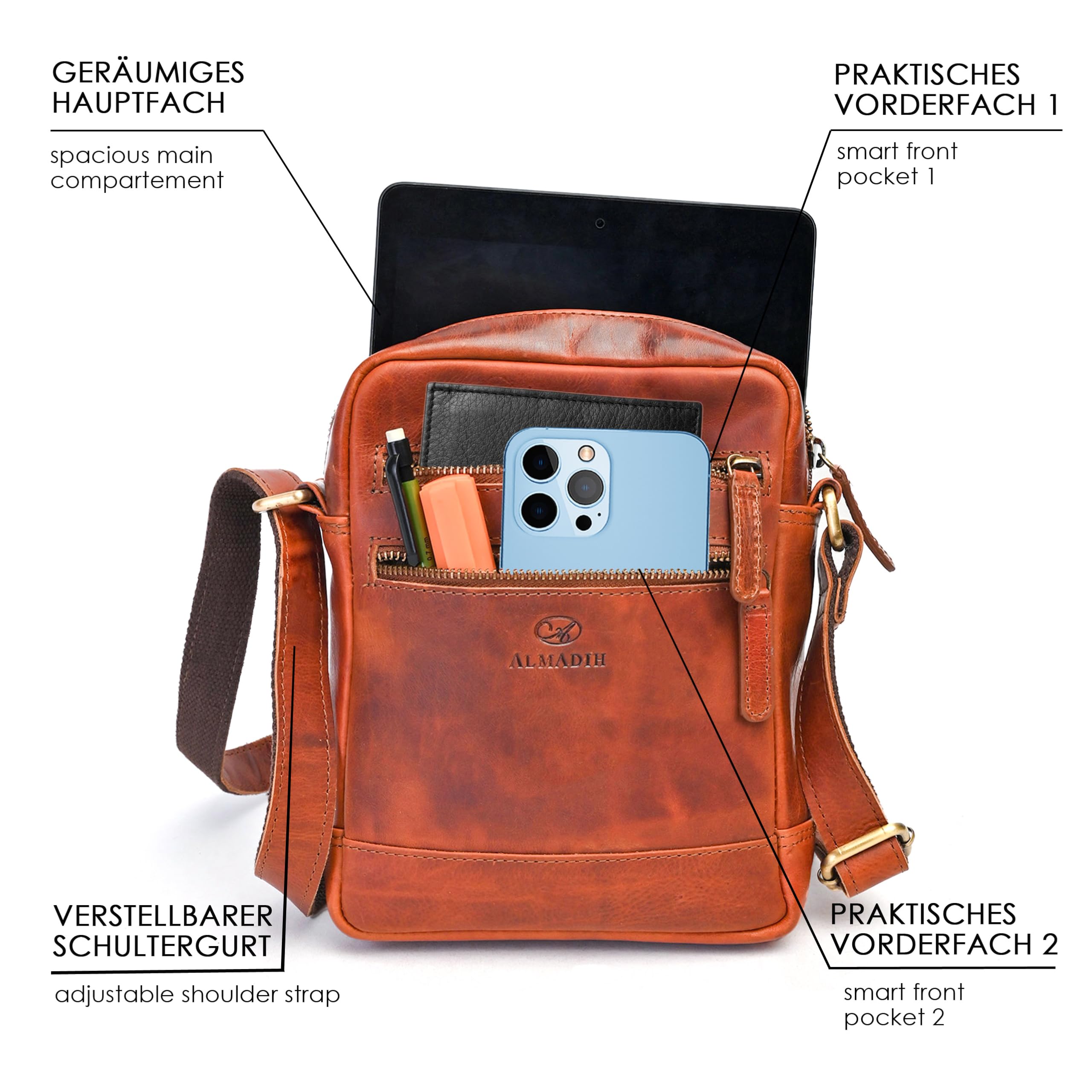 ALMADIH kleine Leder Umhängetasche Herren 9.7 Zoll iPad – LEON braun - Kompakte Ledertasche für Reisen & Alltag Messenger Schultertasche Freizeittasche Tablet Herrentasche Damen