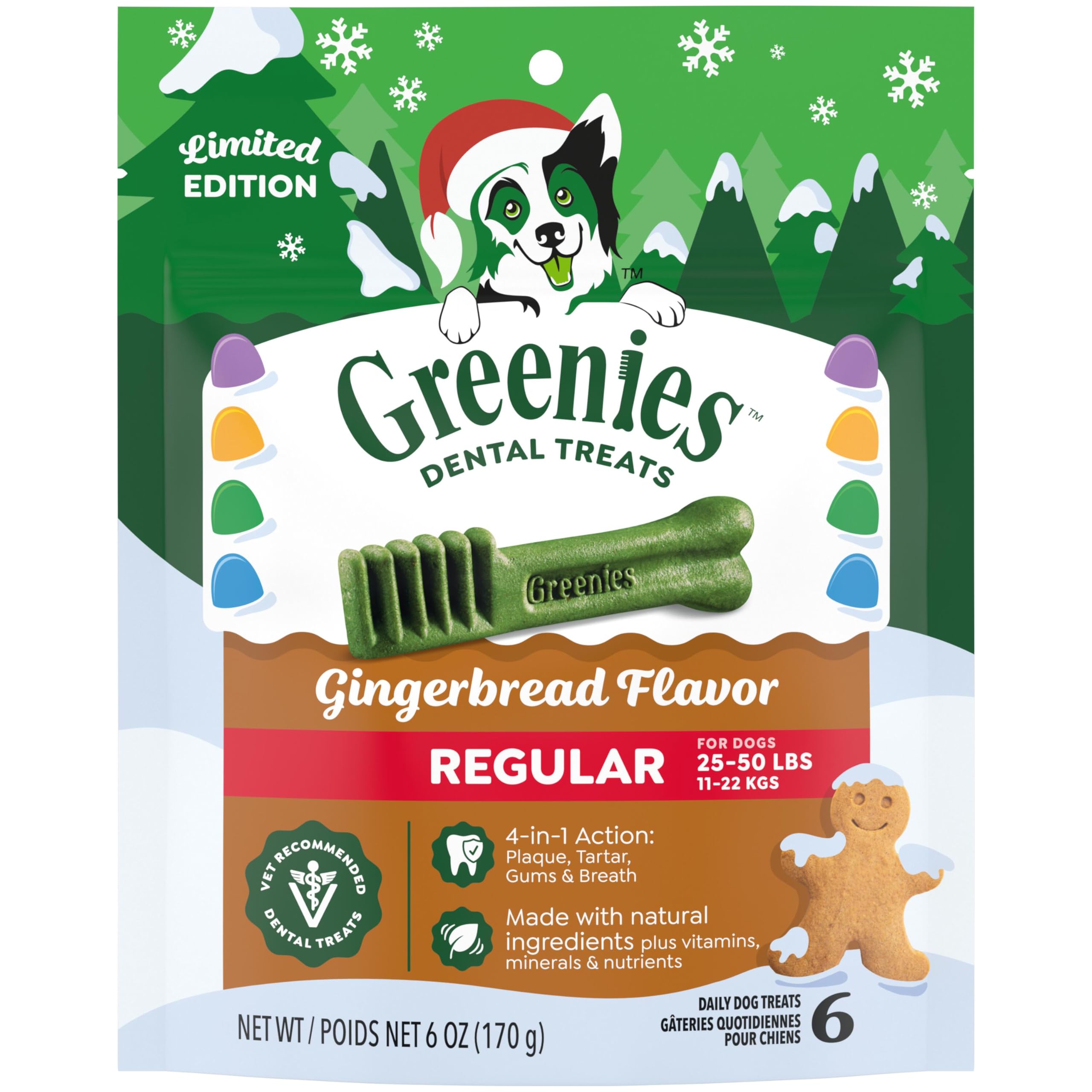Greenies Regular Natural Dental Dog Treats, Gingerbread Flavor, 6 Count