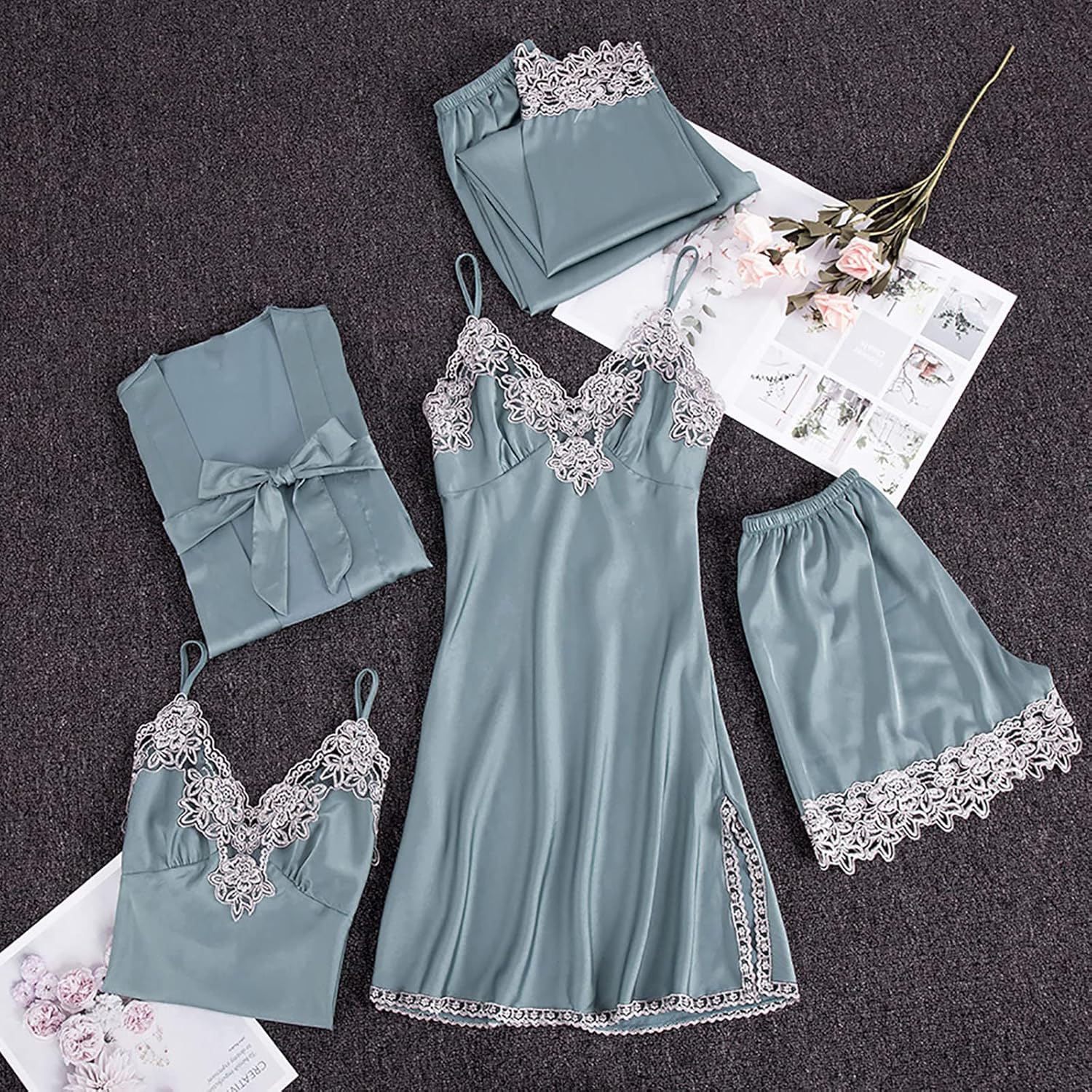 Womens Silk Satin Pajamas Set 5pcs Sleepwear Sexy Lace V Neck Cami Shorts Set Side Split Nightgown Pants Loungewear with Robe