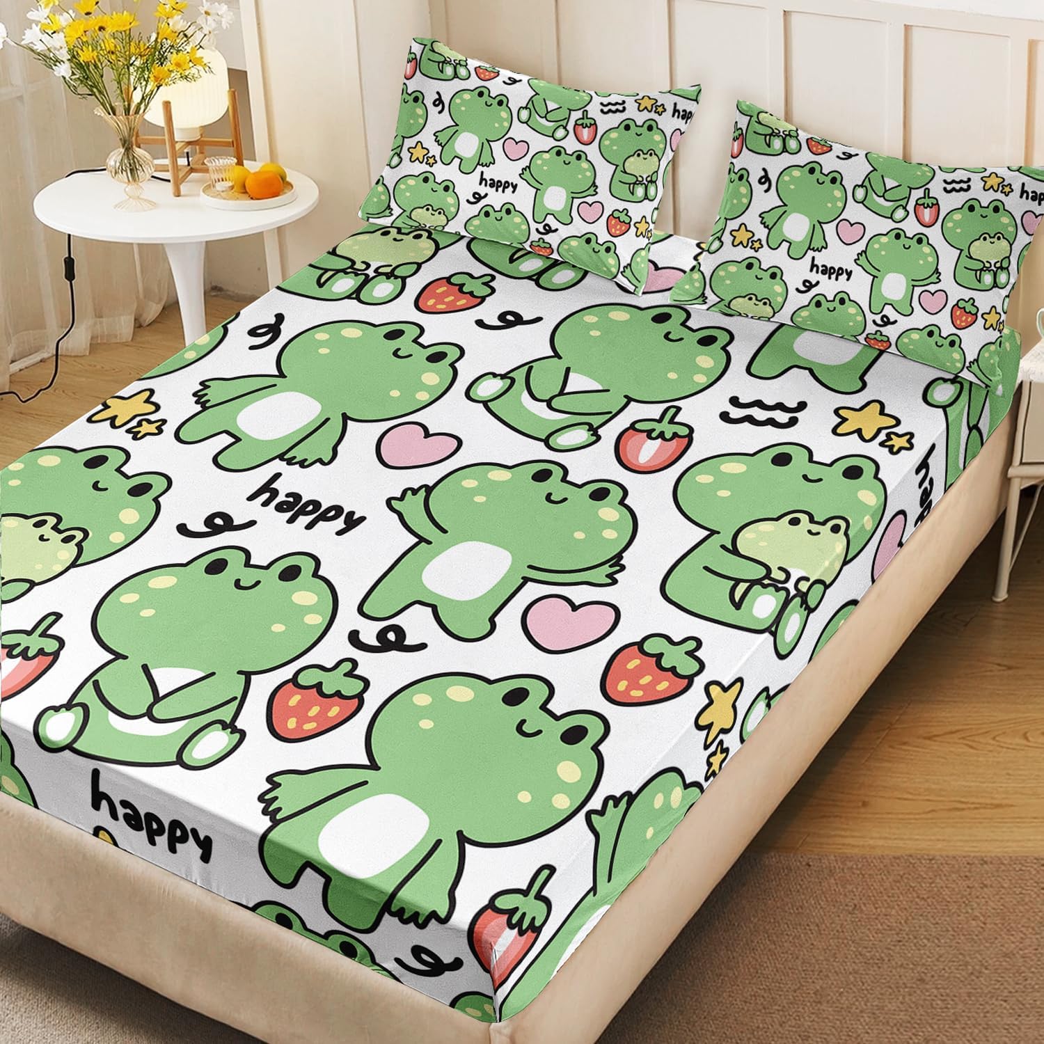 AILONEN Cartoon Green Frog Fitted Sheet Set Queen Size, Kawaii Strawberries Frog Bedding Set 3Pcs for Kids Boys Girls Room Decor,Amphibian Animal Bed Sheet Set,1 Fitted Sheet + 2 Pillowcases