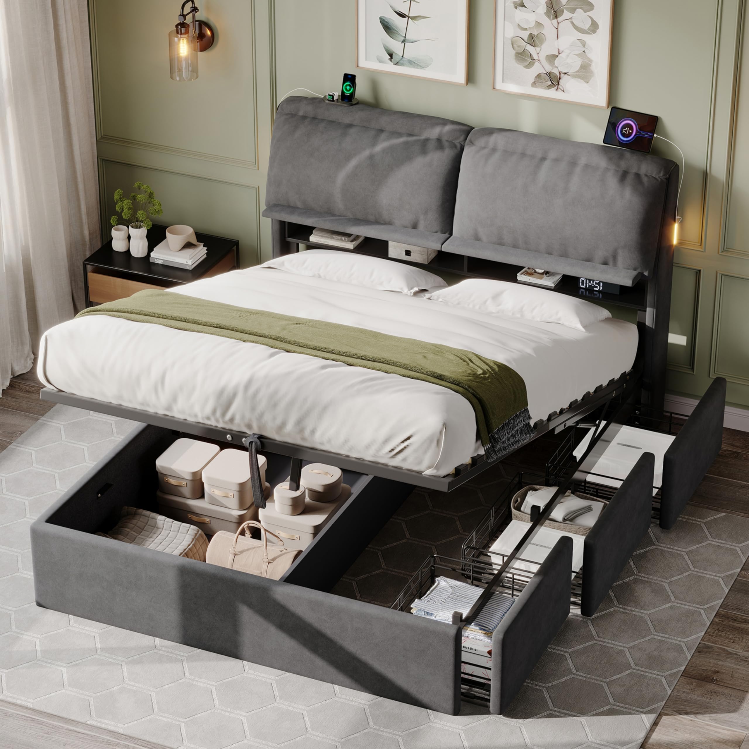 Merax 5FT King Ottoman Bed with LED & Charging, Grey-No Mattress
