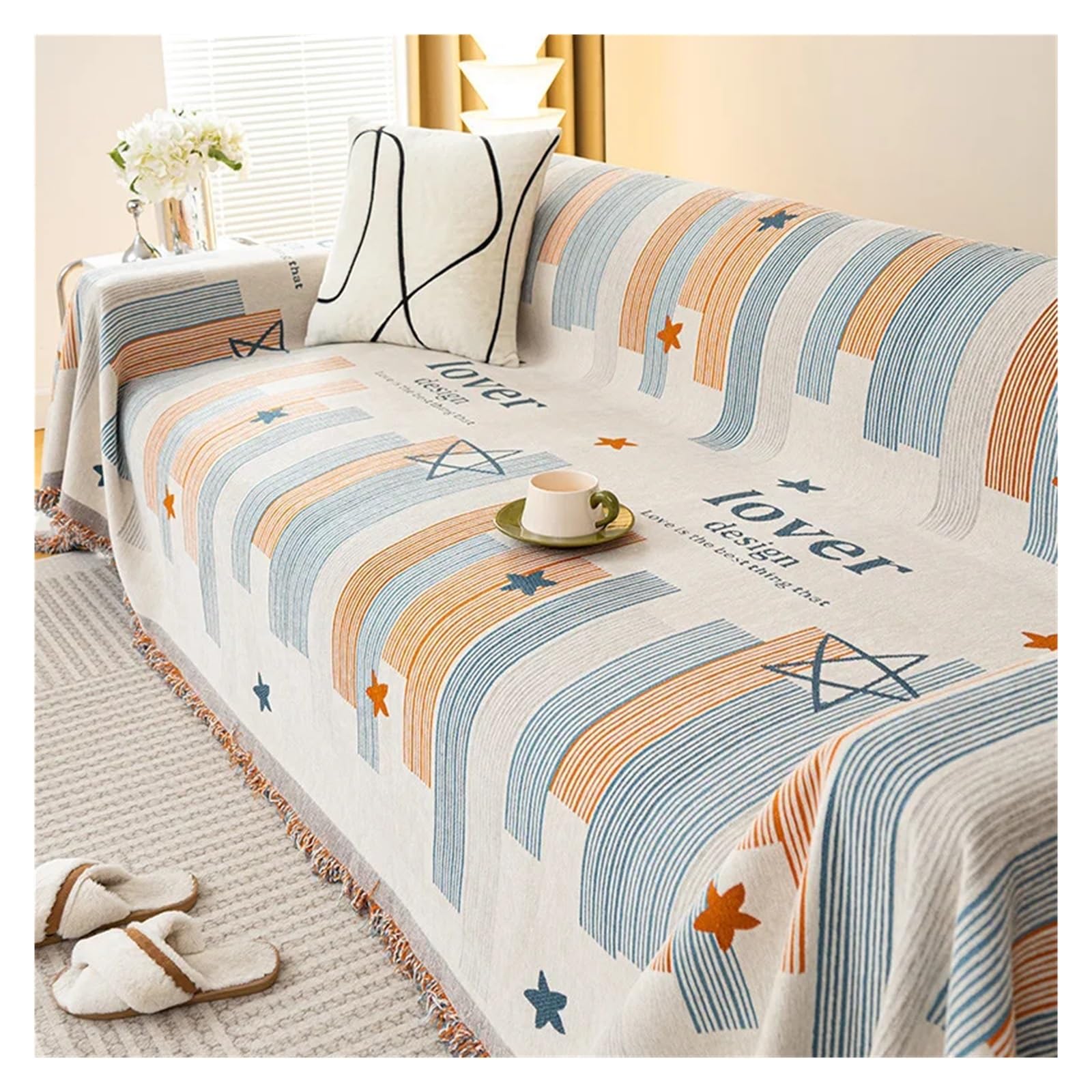 Sofa Handtuch Doppelseitiges Chenille-Sofatuch, All-Inclusive, doppelseitiger Anti-Krallen-Sofabezug for das Wohnzimmer(Orange-Blue x 2,180x320cm)
