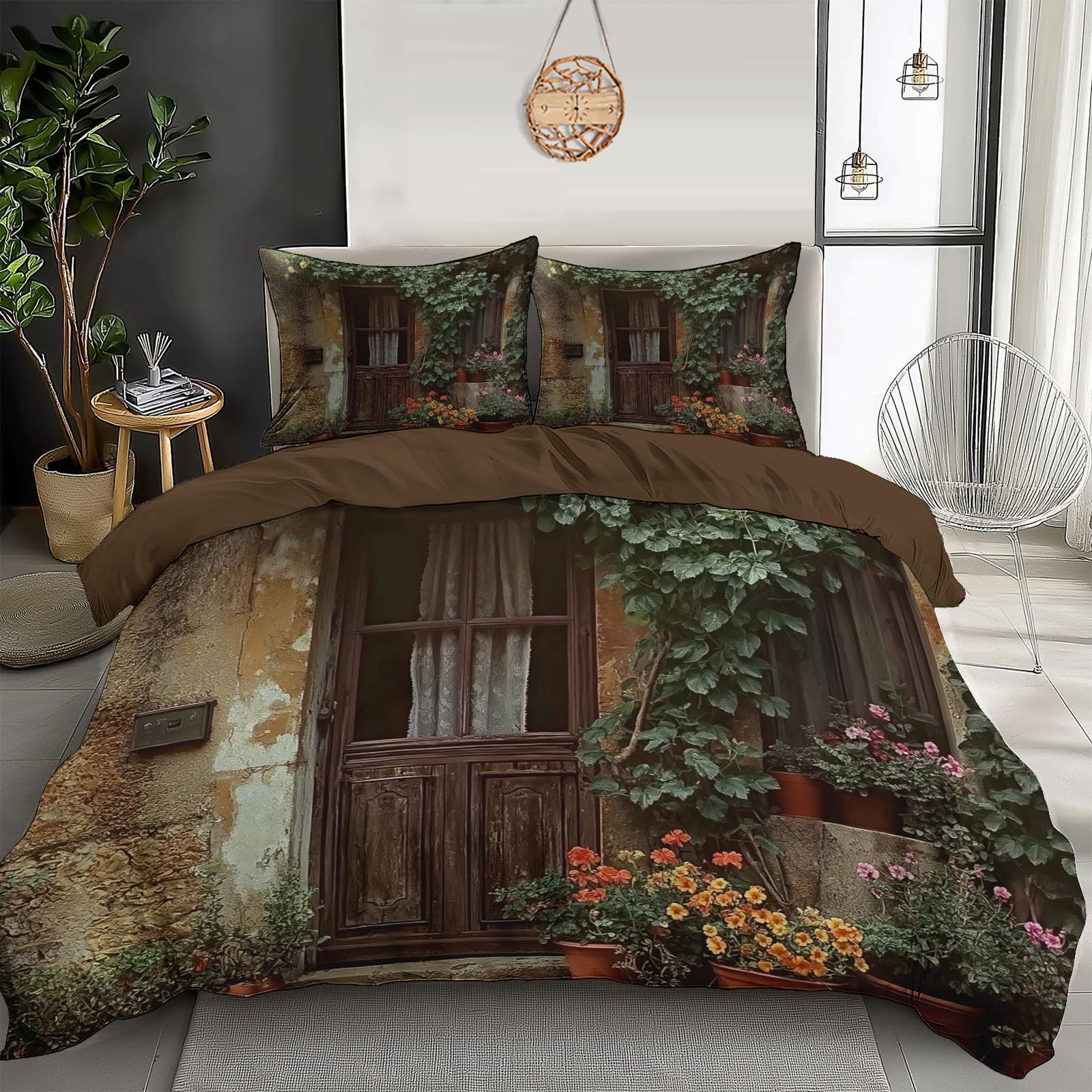 Housse de couette 240x260 fleurs vert pastel avec 2 taies d'oreiller