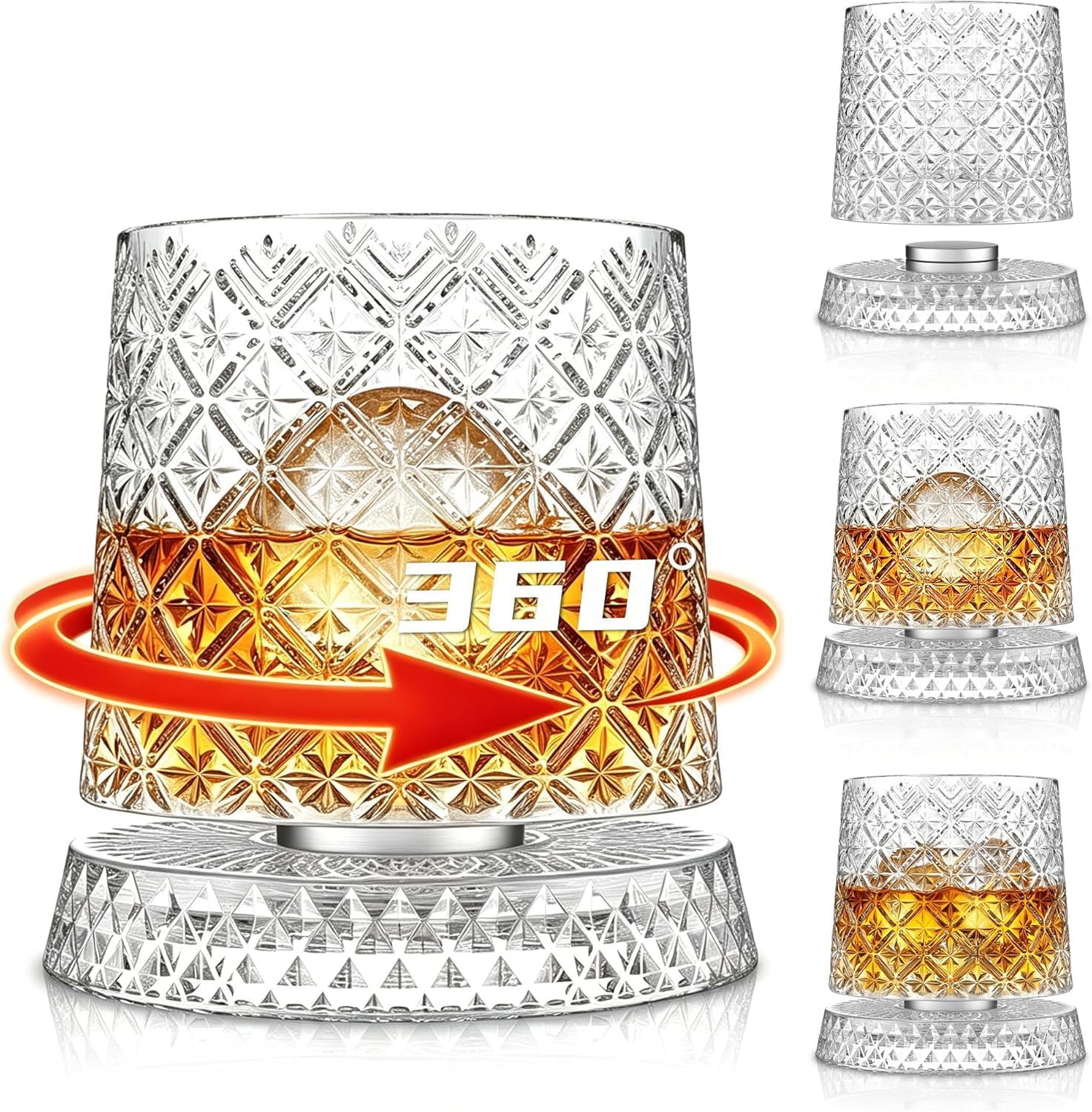 Spinning Whiskey Glass with Coaster Set of 1, Rotating Old Fashioned Clear Rocks Glasses for Scotch & Bourbon, Cocktail Glasses for Bar, Party, Home, and Gift (Random Design On Glass)-image-13