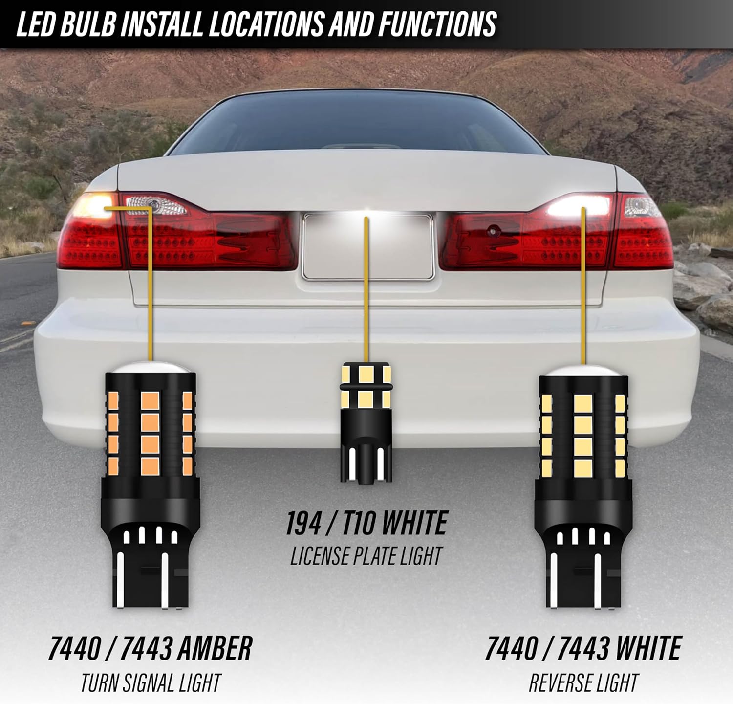 USR Amber Turn Signal & White Reverse Backup & White License Plate LED Bulbs Canbus Error Free - 6 Pieces UPGRADE Compatible with 1998-2002 Honda Accord 4 Door Tail Lights (Fits Stock and DEPO brand)