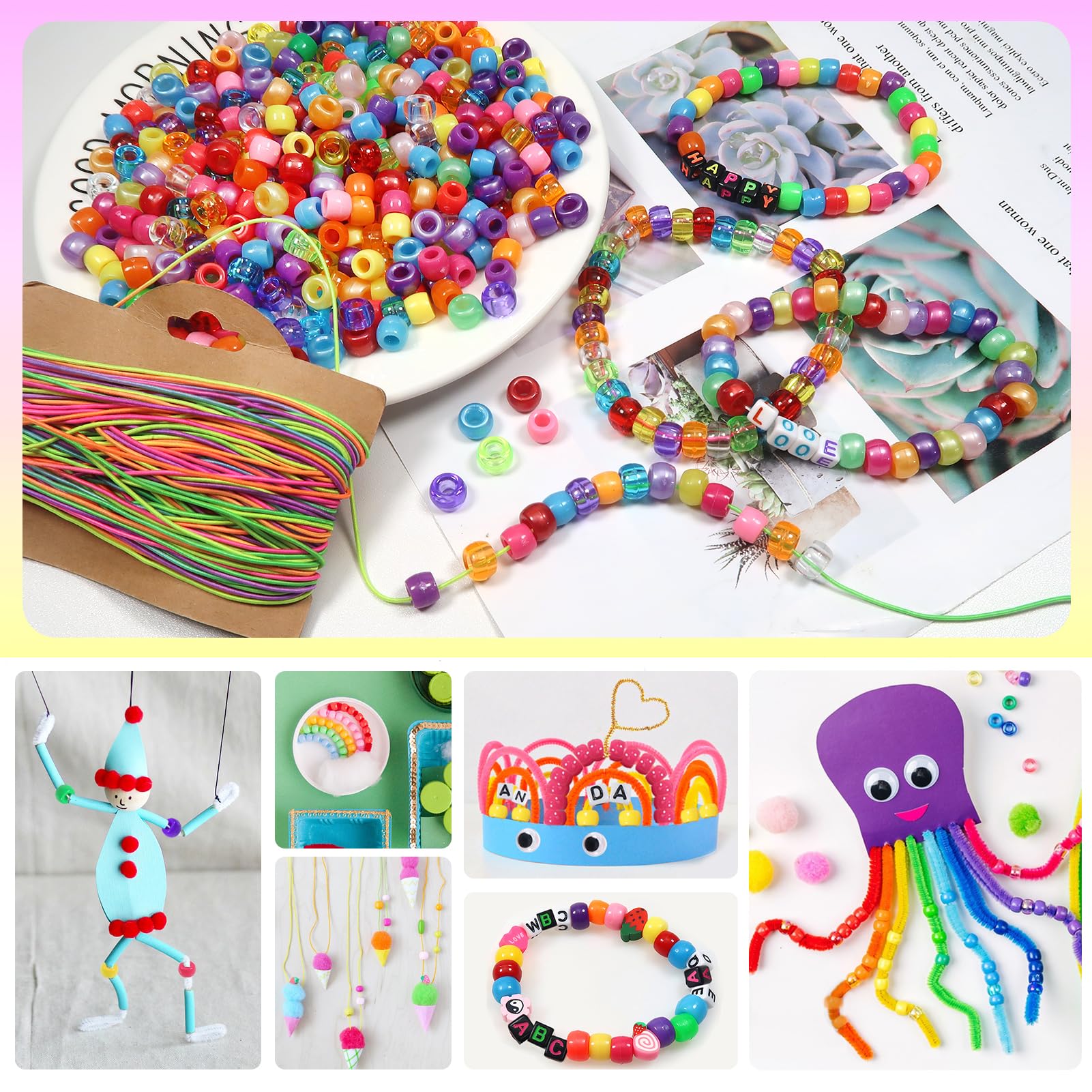 TOAOB 1000 Pezzi Perline Colorate in Acrilico Pony Beads 6x9mm | 3 stili, Perline con Foro Grande e 60 Metri Linea Elastica per Braccialetti Bigiotteria Collane Gioielli Fai Da Te