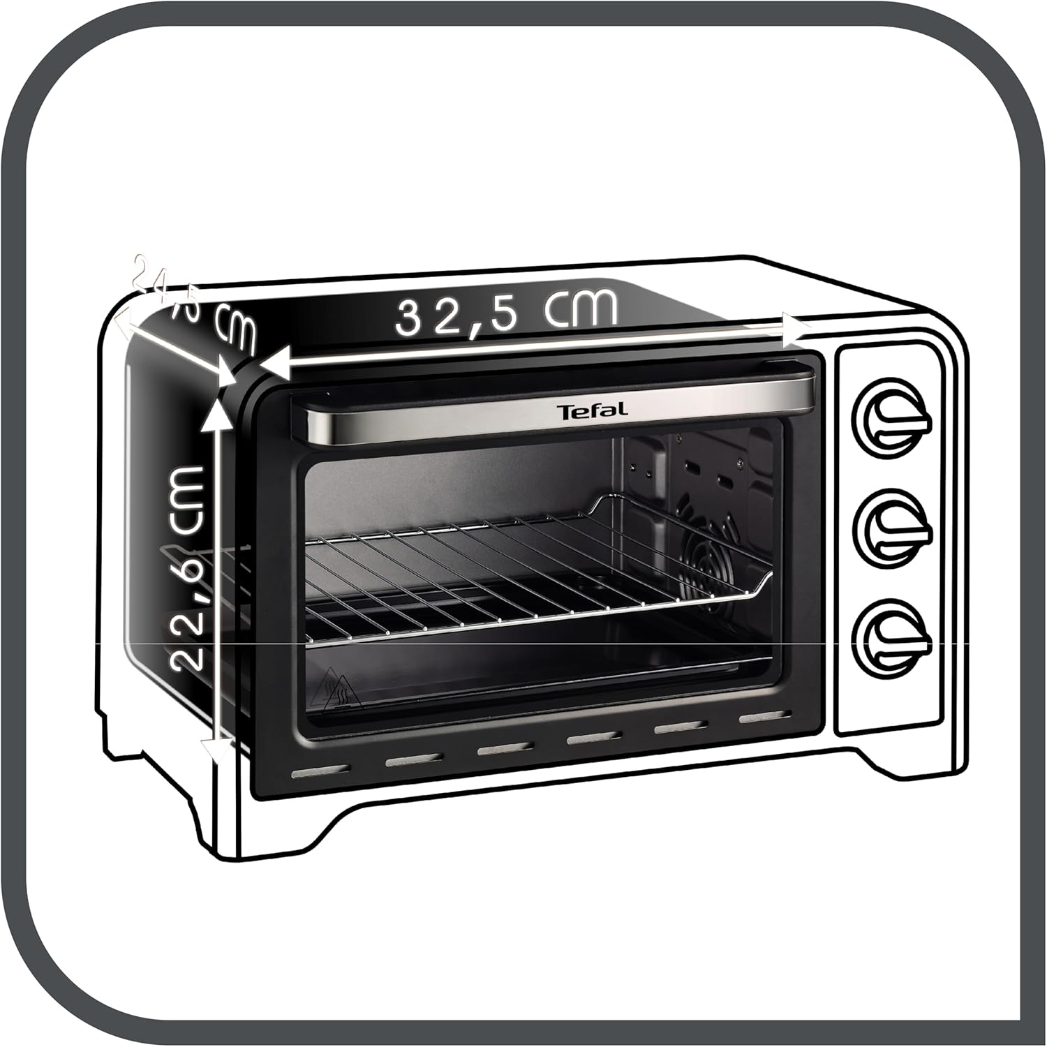 Diagram showing the dimensions of the Tefal Mini Oven: 46.2 cm length, 31.8 cm width, 22.8 cm height
