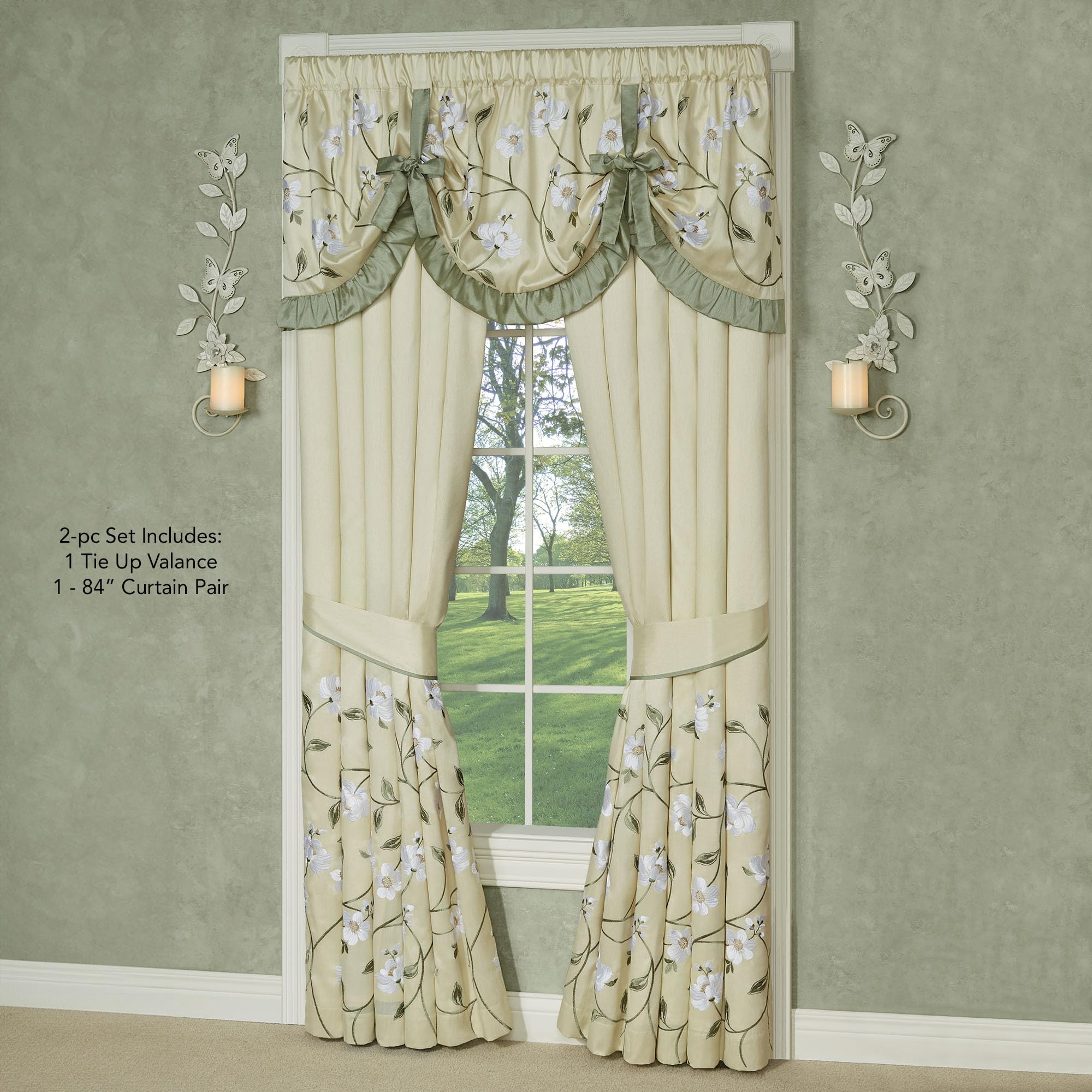 J. Queen New York Luxurious Garden Walk Window Treatment | Sophisticated Polyester Faux Silk Magnolia Flower Embroidery | Vanilla Cream Sage | 2 Piece Lined Tie-Up Valance, Wide Curtain Pair