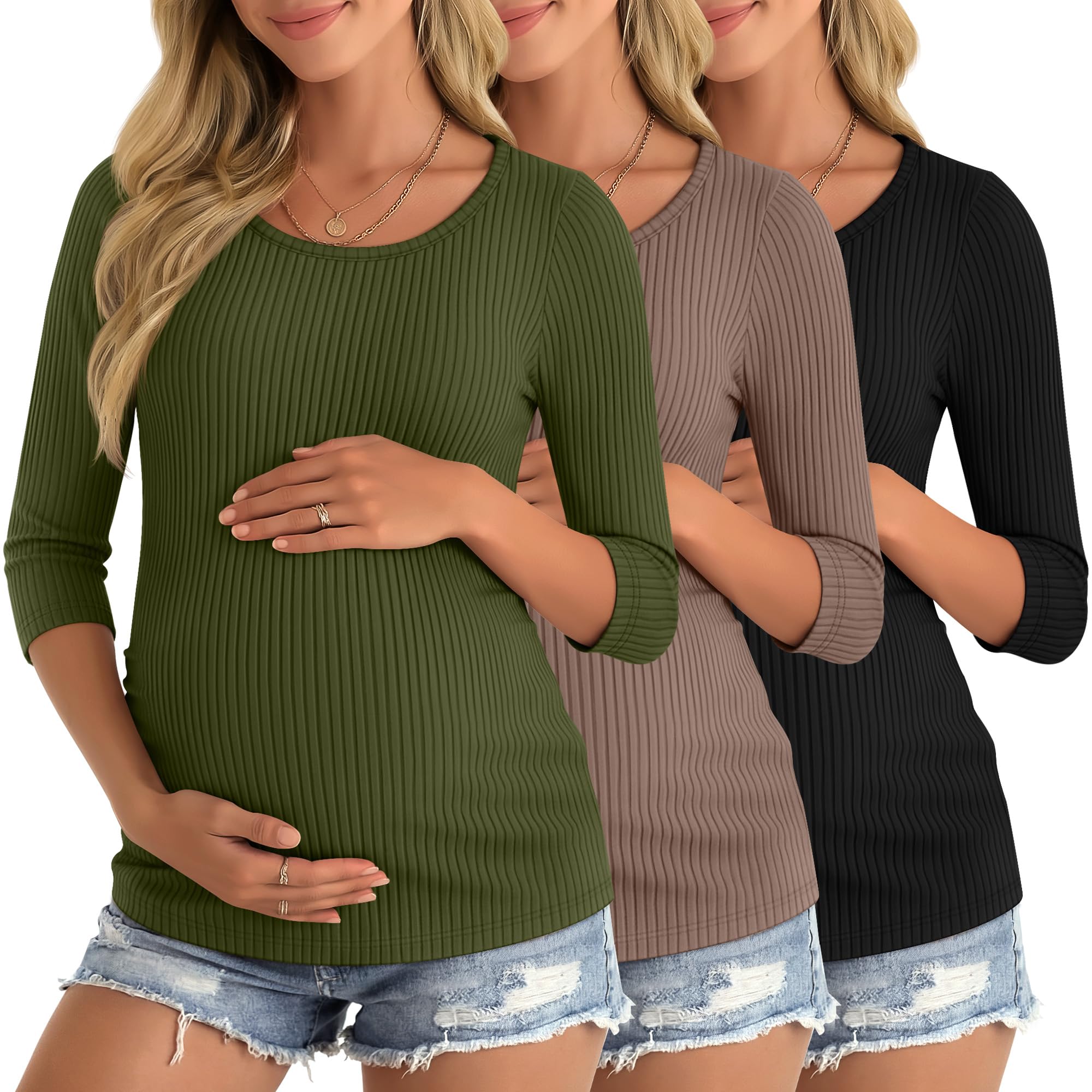 Neer Confezione da 3 camicie premaman da donna con maniche a 3/4, a coste, per gravidanza, maniche a quarto, girocollo, vestiti premaman