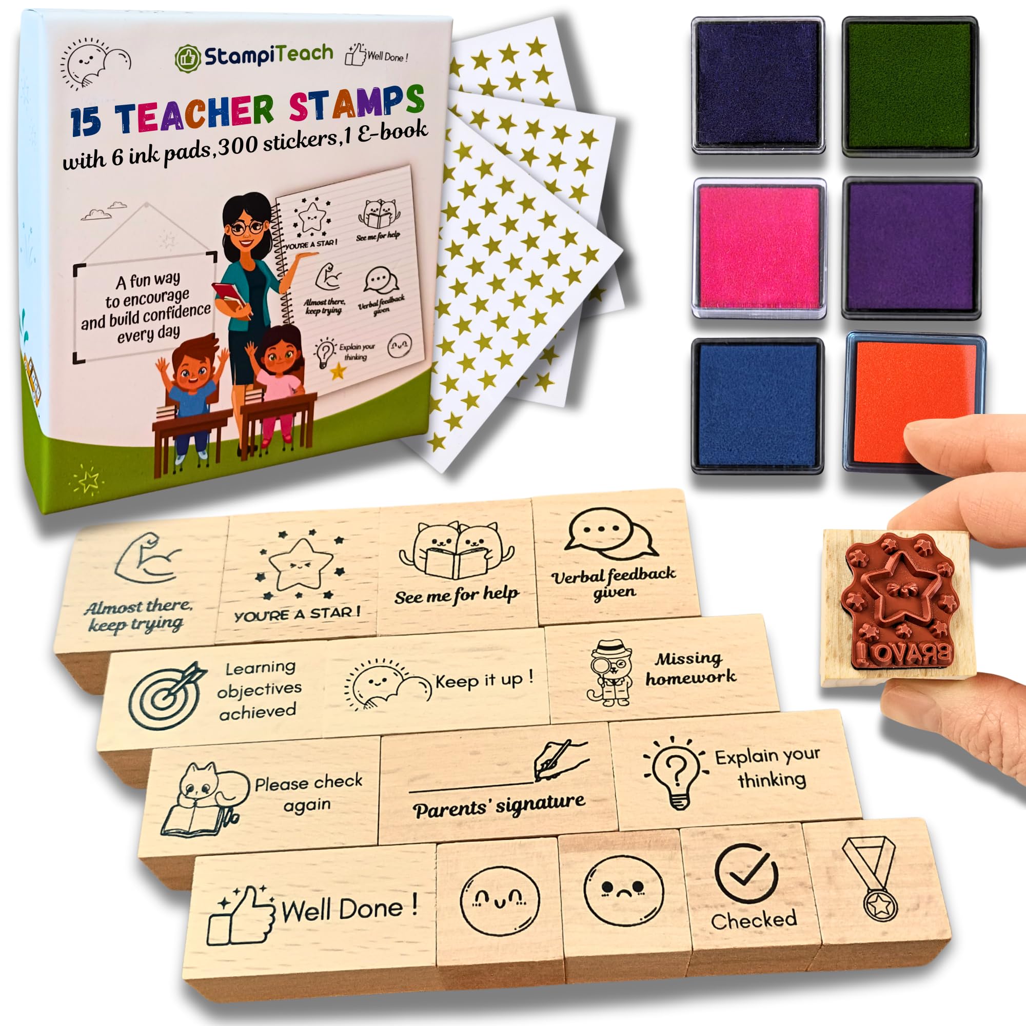 Teacher Stamps for Classroom Grading, Grading Stamp Set including Ink Pads, Cute, Clear, Durable Feedback Stamps for Teachers