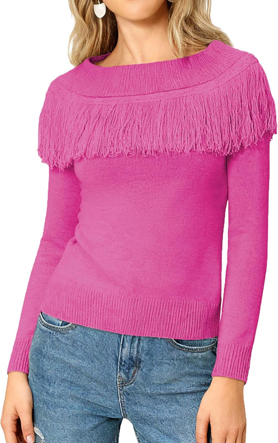 WLLW Women's Fringe Tops Juniors Boat Neck Sweater Long Sleeve Pullover Sweater Slim Fit Off Shoulder Sweaters