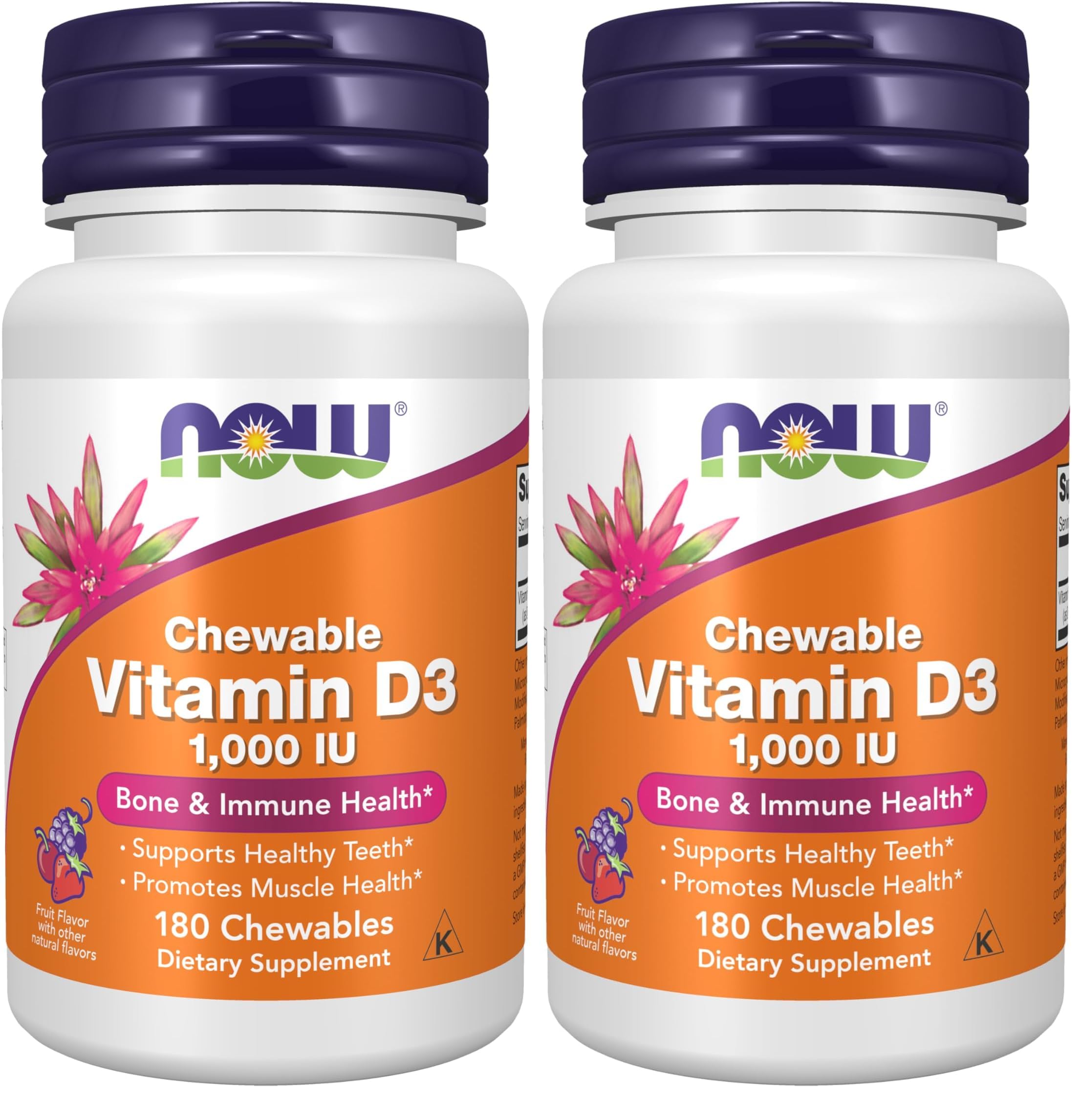 NOW Foods Supplements, Vitamin D-3 1,000 IU, Natural Fruit Flavor, Structural Support*, 180 Chewables (Pack of 2) Fruit 180 Count (Pack of 2)