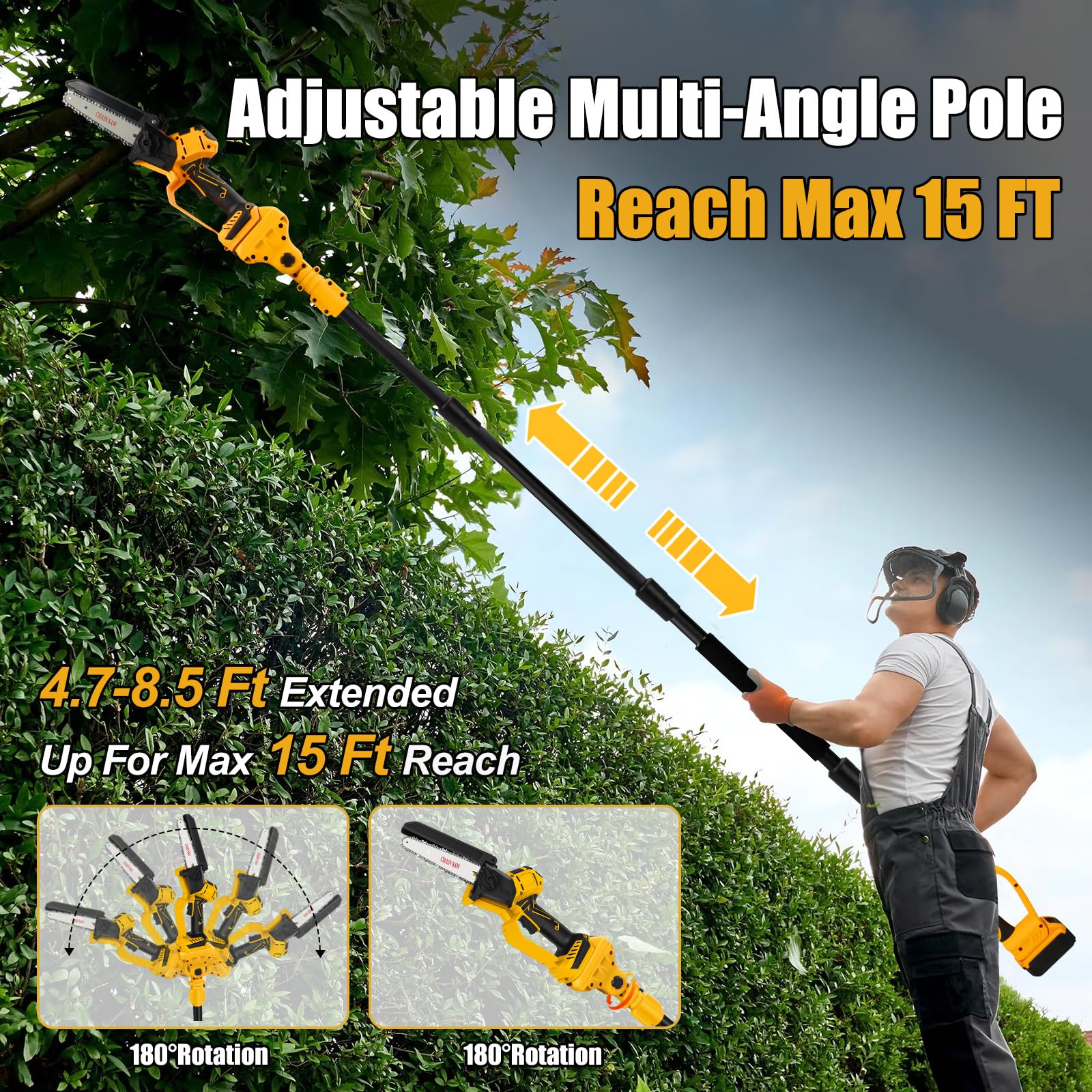 Perche Élagueuse Télescopique Électrique Compatible avec Dewalt 18V (sans batterie), 6 Pouces Mini Tronçonneuse sans Fil Tête Pivotante à 180 °, Graisseur Automatique léger et maniable