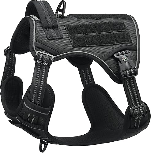 DNALLRINO Arnés táctico para perros medianos y grandes, arnés para perro negro con tarjeta de identificación, arnés reflectante de senderismo para