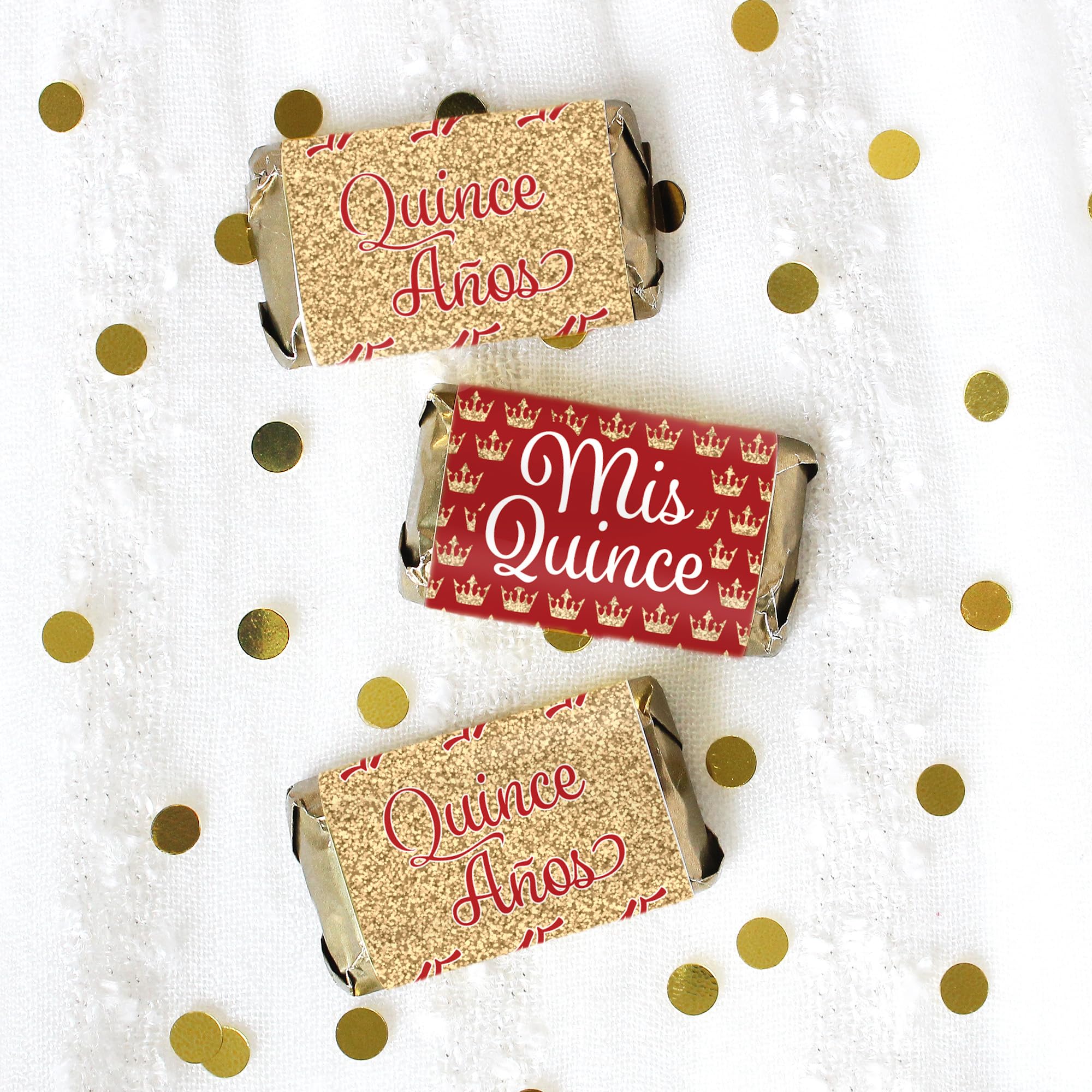 DISTINCTIVS Red and Gold Quinceañera Mini Candy Bar Wrapper Stickers, Mis Quince Party Favors - 45 Stickers