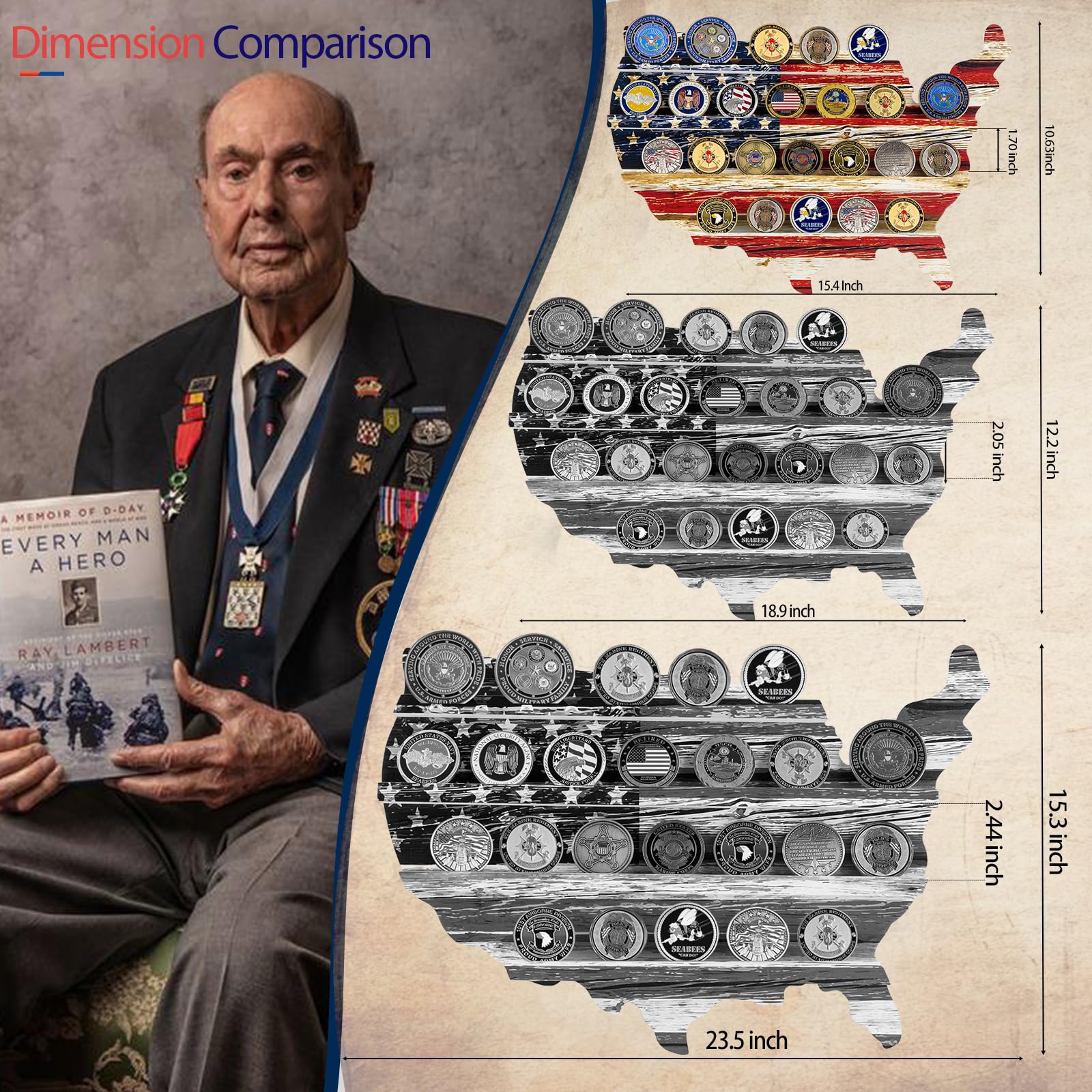 ShaelPii Support mural pour pièces de monnaie, drapeau militaire, étagère en bois pour armée, pompiers, police, marines, vétérans, médailles