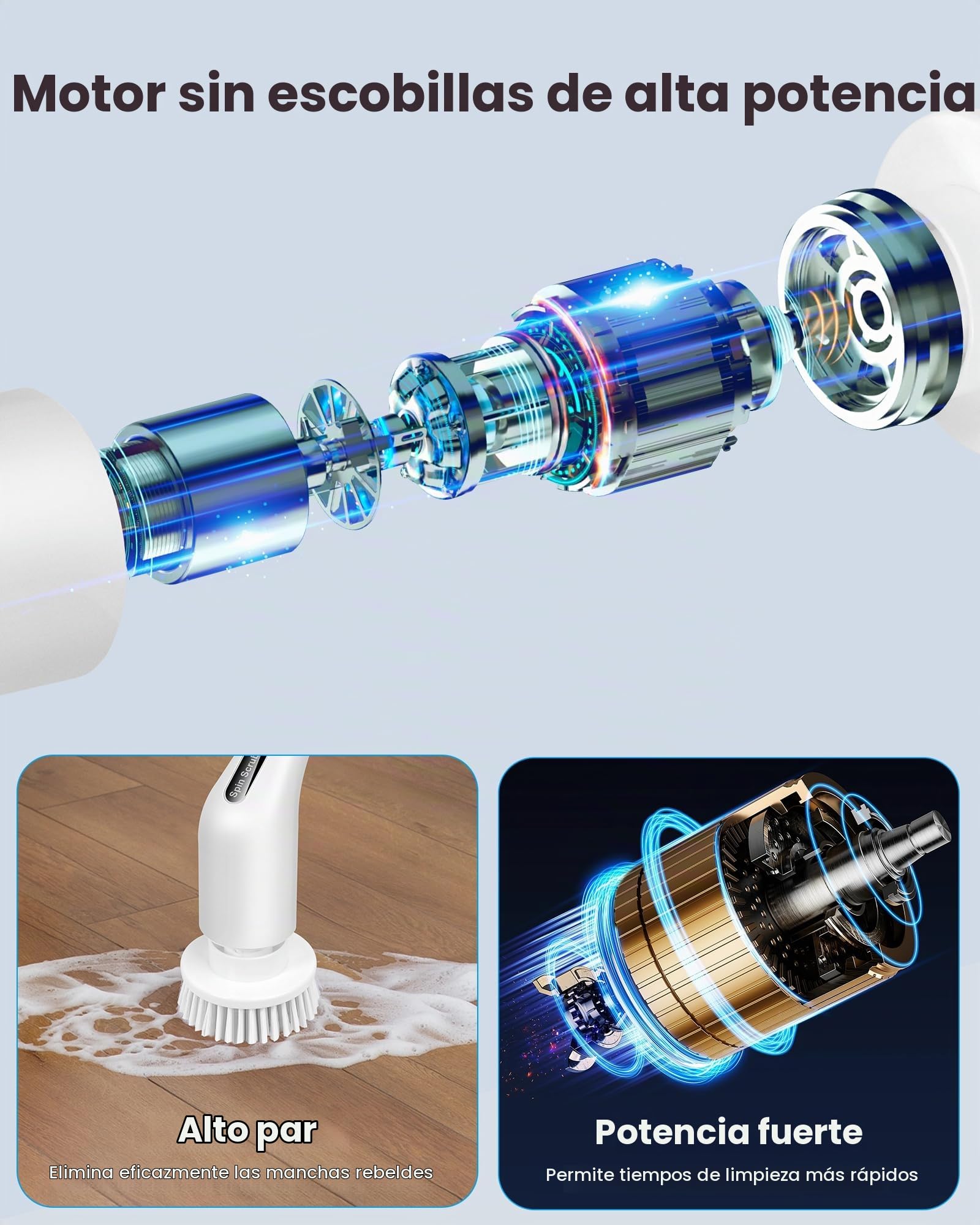 Cepillo Electrico Limpieza Hogar, Cepillo Limpieza Hogar Giratoria con 8 Cabezales de Cepillo Intercambiables y Mango Ajustable para Baño, Cocina, Automóvil, Piso, Inodoro, Ventana