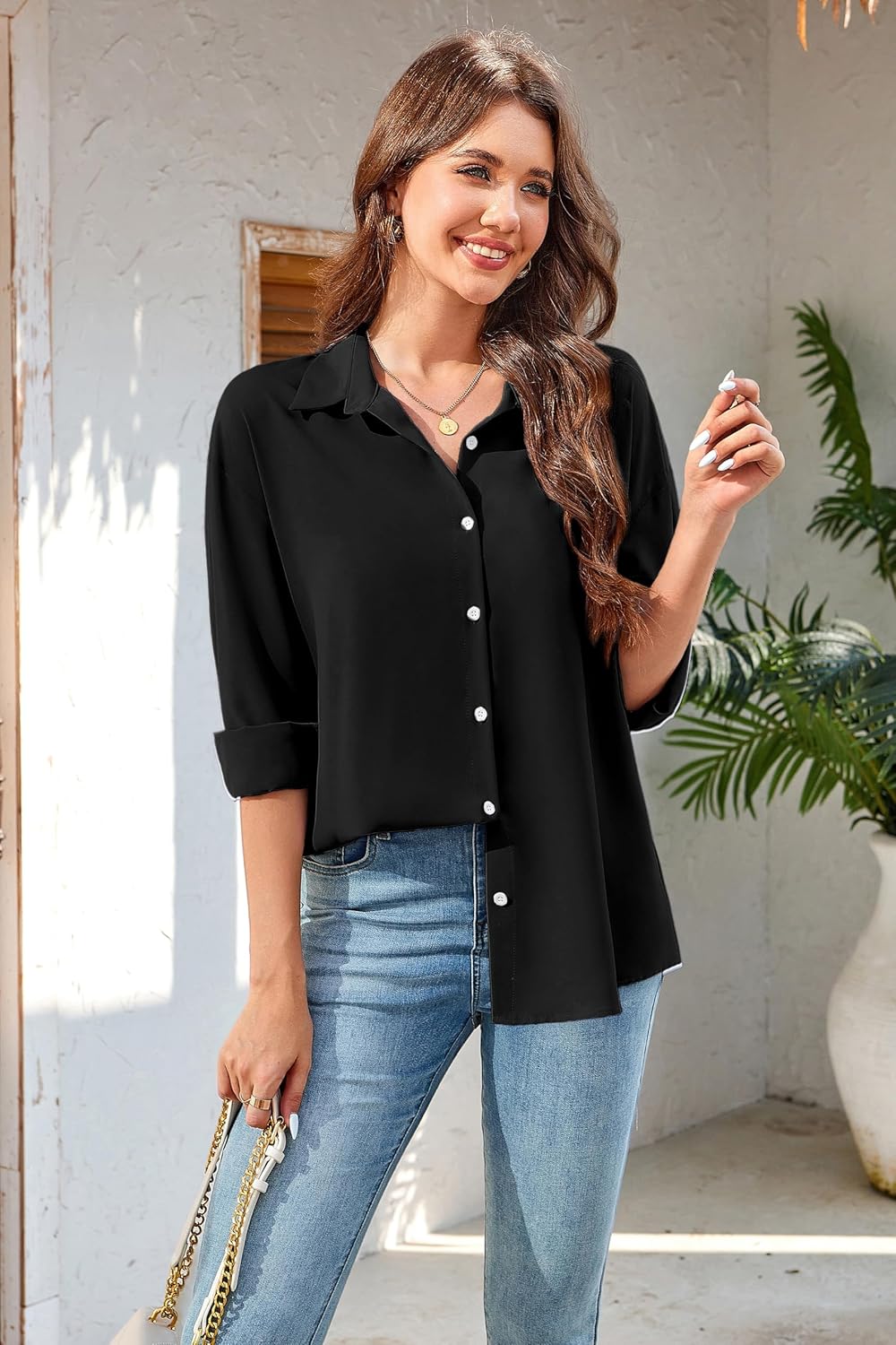 Button Down Shirts for Women Long Sleeve Collared Blouse Business Casual Tops - Image 2