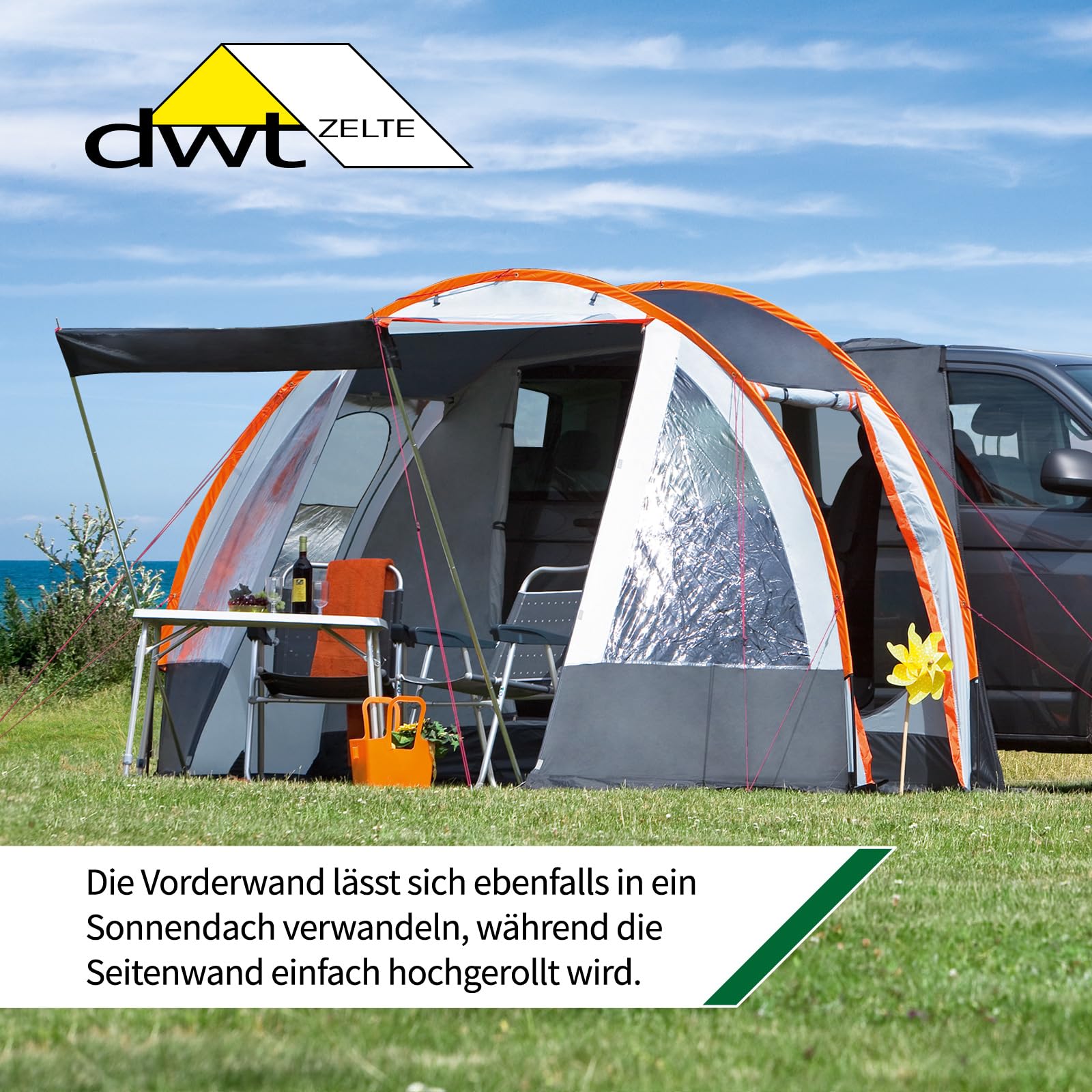 DWT Buszelt Picco 320 x 150 +100 cm, freistehendes Mobilzelt, leichtes Vorzelt mit konventionellem GFK-Gestänge für Camper Vans inkl. Abspannmaterial