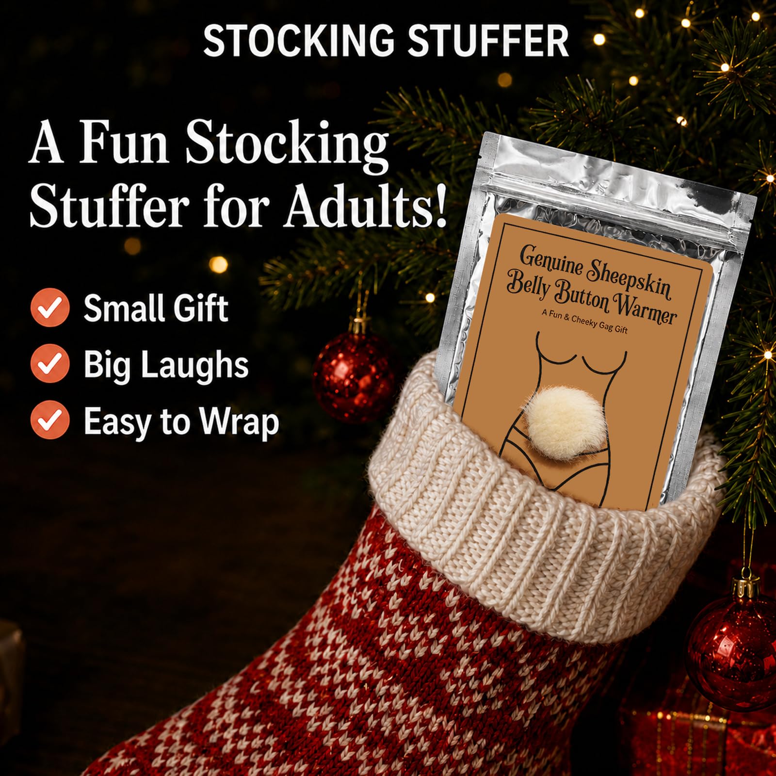 Caelvyn Genuine Sheepskin Belly Button Warmer, Funny White Elephant Gifts for Adults, Novelty Gag Gift for Men and Women, Secret Santa, Funny Coworker Gift