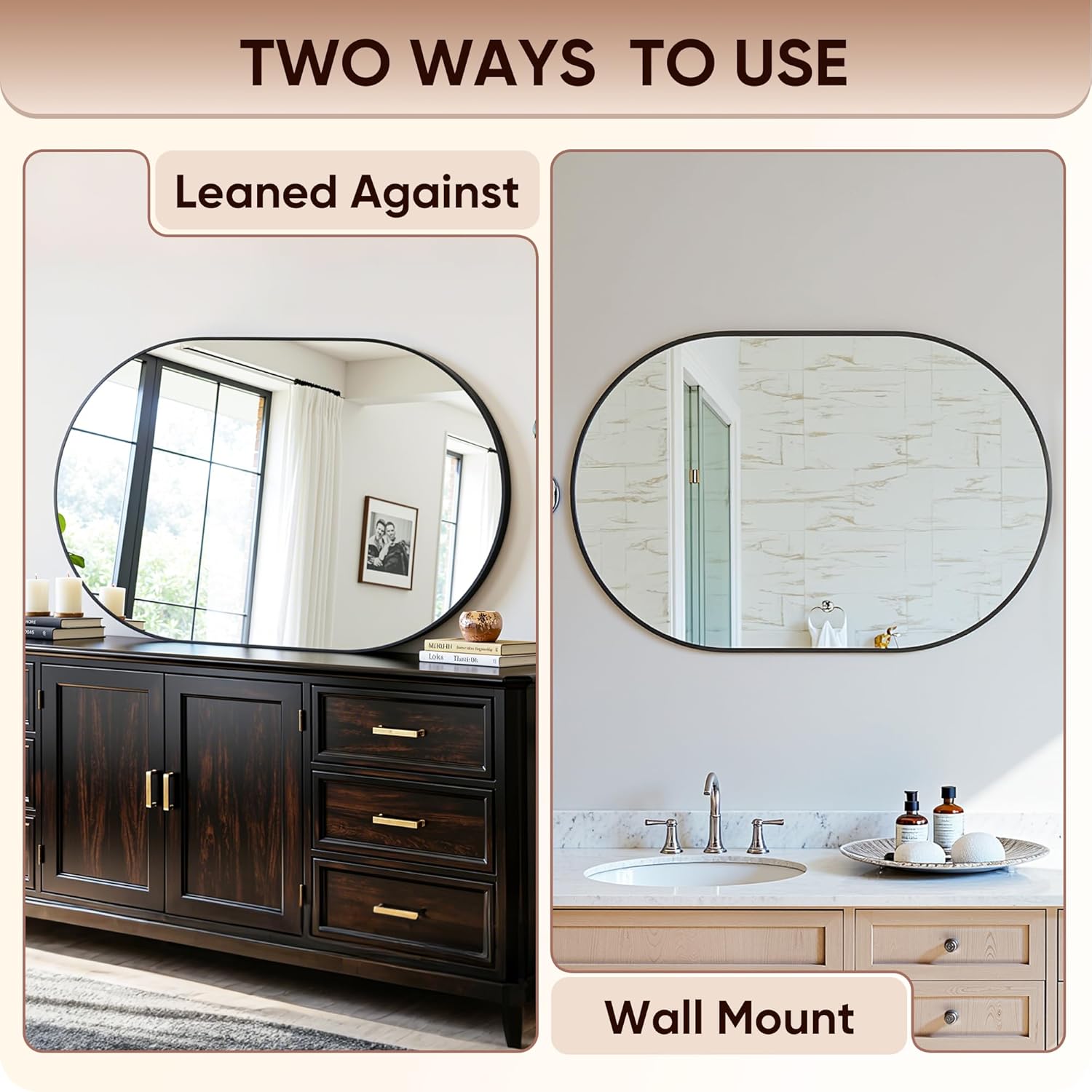 Antok Wall Mirror, 24"x36" Bathroom Vanity Mirror, Anti-Rust HD Tempered Glass, Wall Mounted Mirrors for Living Room, Entryway, Black Frame, Oval