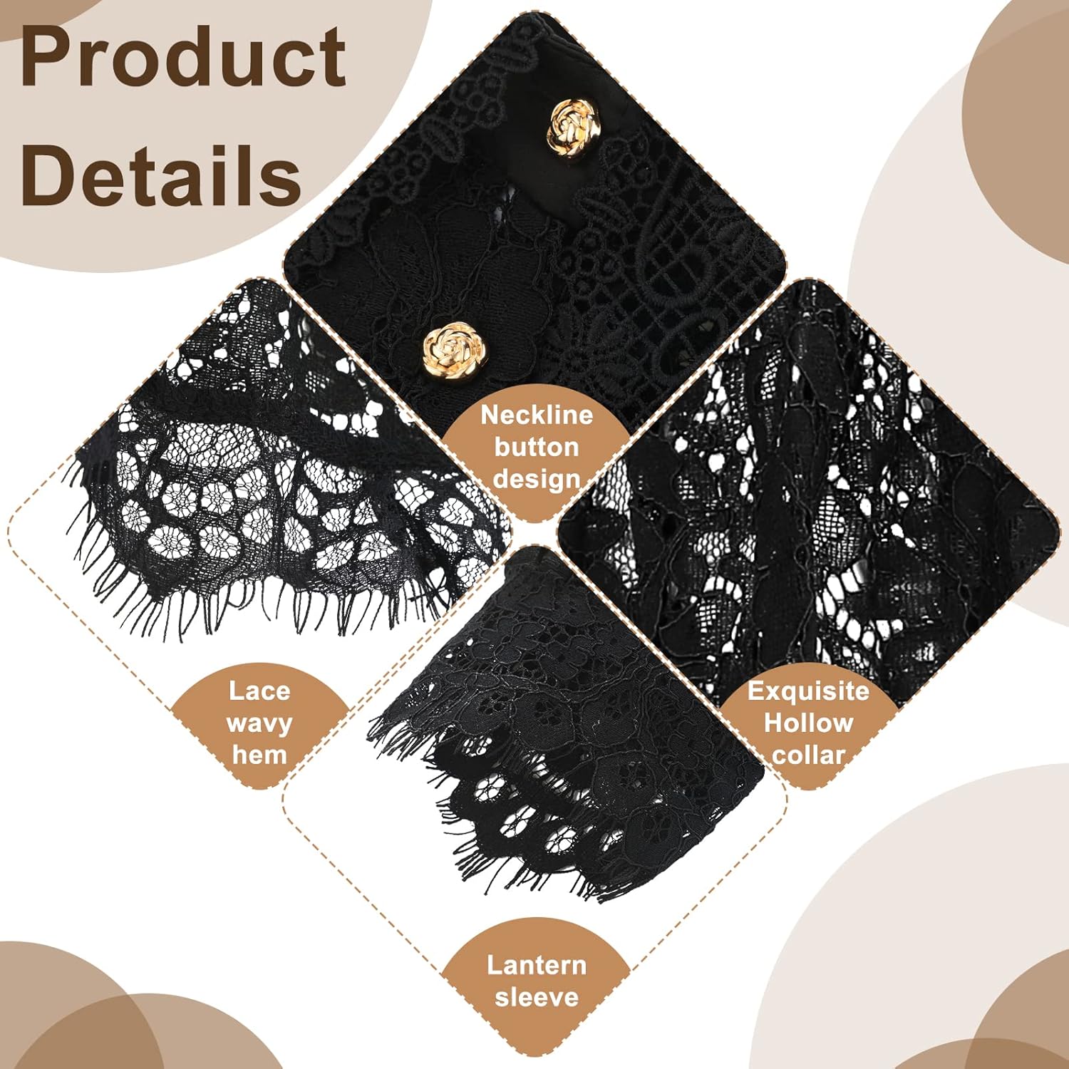 2 Pack Fake Collar Detachable Dickey Blouse Sun Protection Lace Half Shirt Blouse Flower Embroidery False Collar Long Lantern Sleeve Crop Top for Women Ladies Girls Favors - Image 3