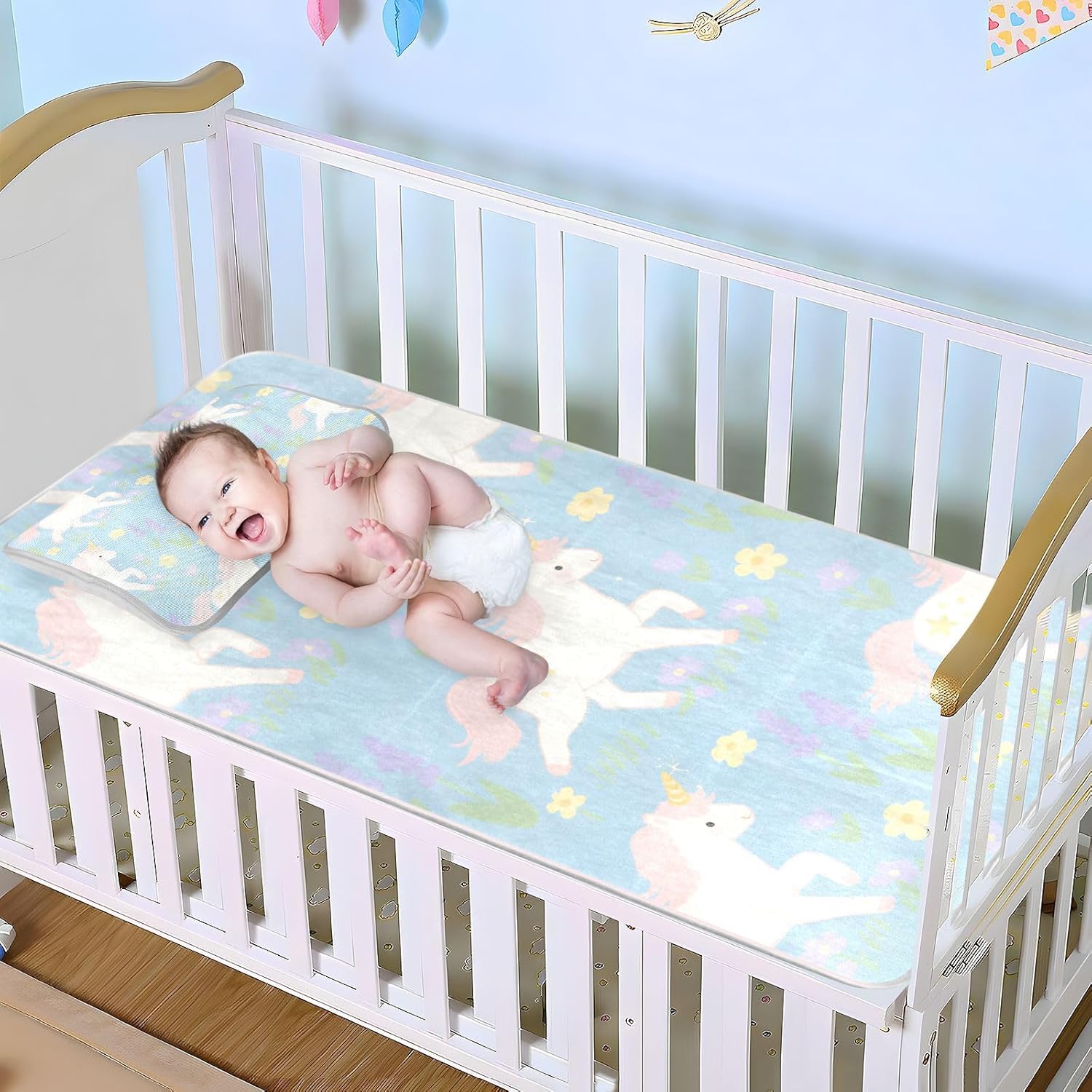 A Cute Cartoon White Unicorns Cooling Baby Mattress Cover 28" x 52" Ultra Soft Pads for Kids for Baby&Toddler