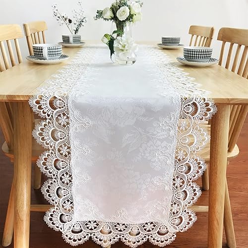 Miniatura 2 de Camino de mesa rectangular de encaje bordado blanco de 16 x 35 pulgadas, bufanda de mesa de comedor de boda con tela de encaje de clavel, lavable